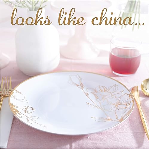 Miniatura 2 de PLASTICPRO Platos de plástico blanco con diseño floral con borde dorado, platos desechables elegantes y pesados de primera calidad (platos de 120