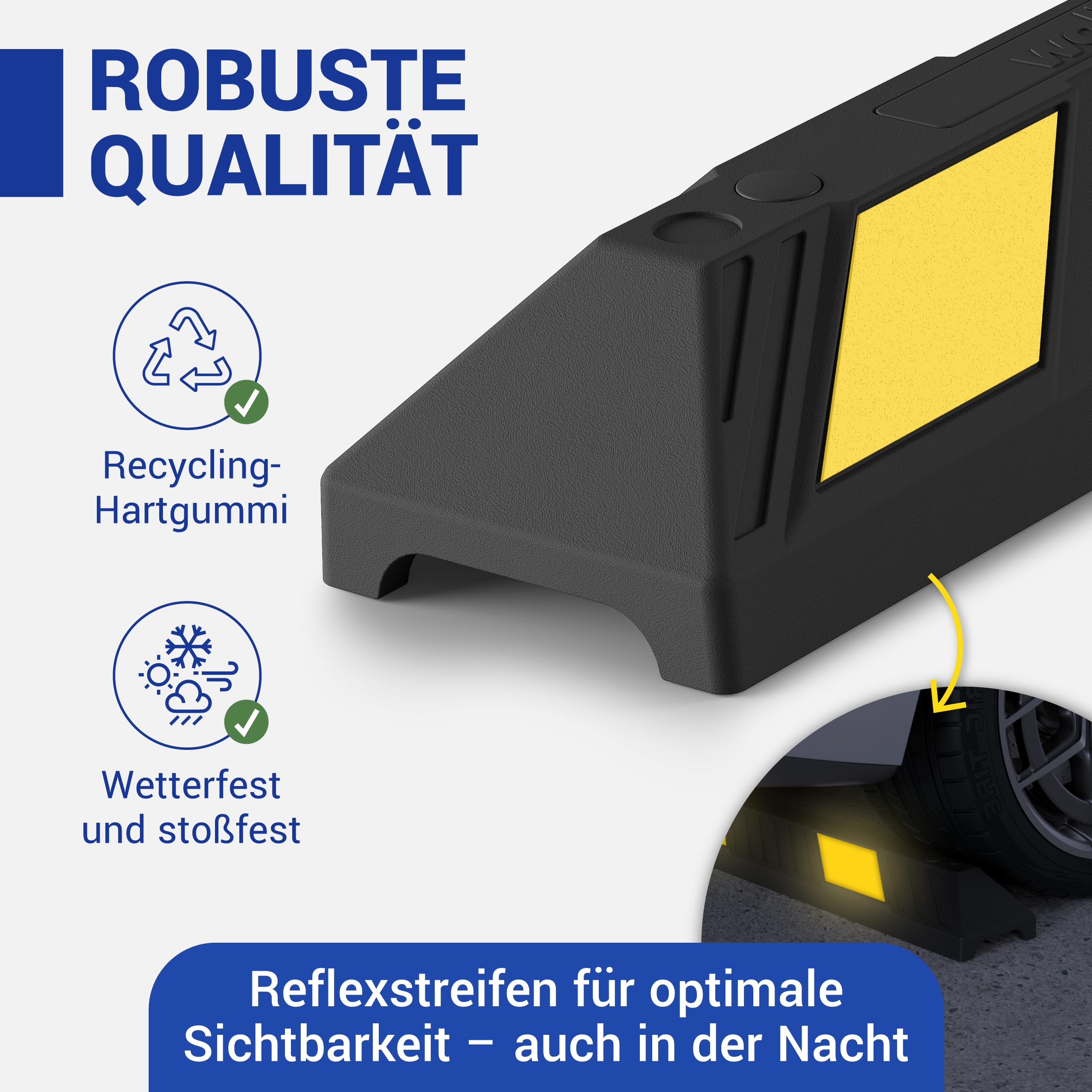 wolk Radstopper 183cm Hartgummi Parkplatzbegrenzer mit Reflexstreifen | Wetterfester Anfahrschutz inklusive Befestigungsmaterial - UV-beständiger Begrenzungspfosten für Asphalt und Beton