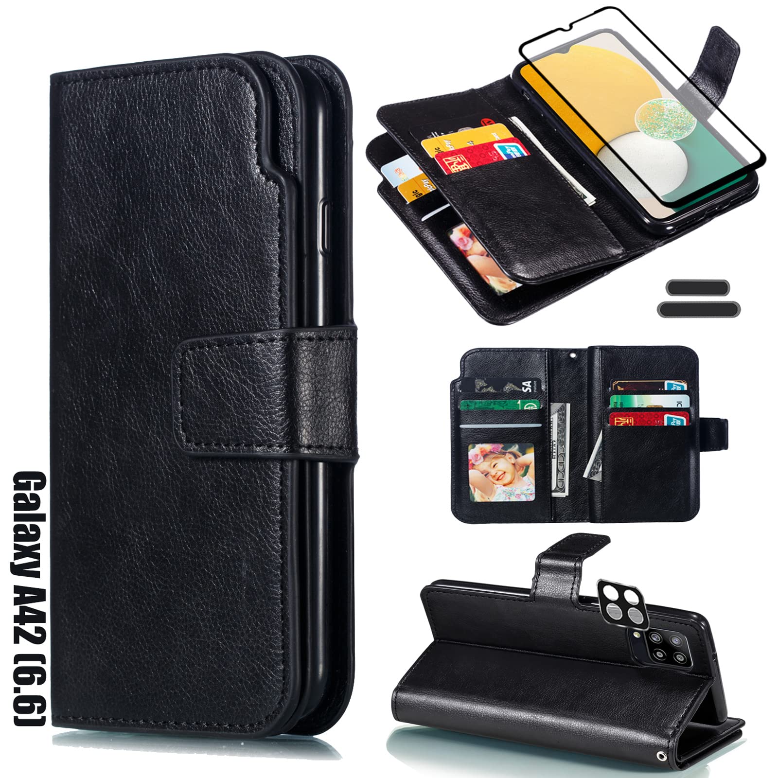 LMDAMZ for Galaxy A42(5G) 6.6 Inch Wallet Case [3+ Card Slots] ID Business Card Credit Card Slot Carry Pouch with Stand Double Sided Multi-Card Slot Flip Folding PU Wallet Leather Case (Black)