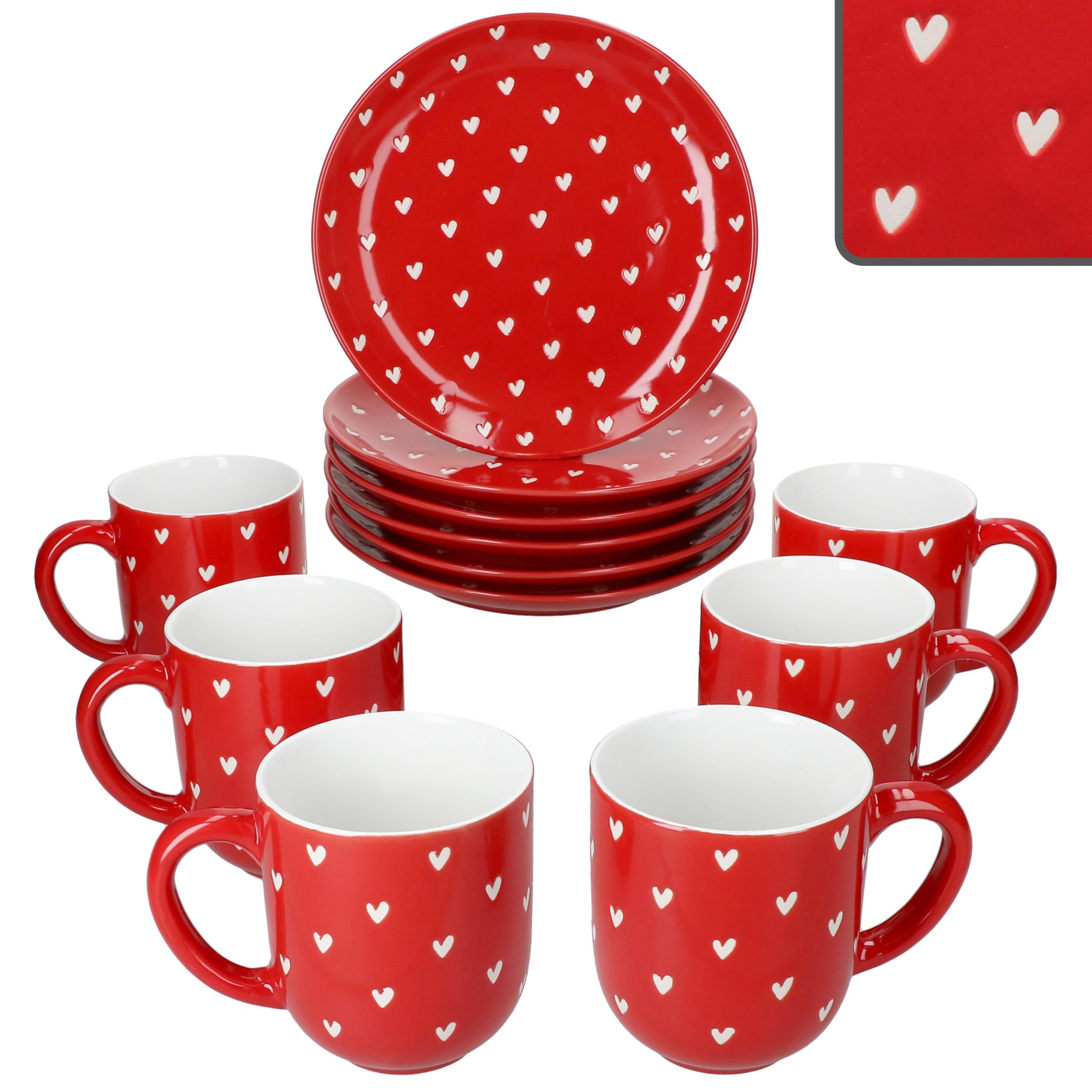 MamboCat Love 12tlg Frühstücksset I 6x Kuchenteller Ø19,5cm & 6x Kaffeebecher 300ml I Porzellan Geschirr rot mit weißen matten Herzen I für Frühstück & Kaffeezeit