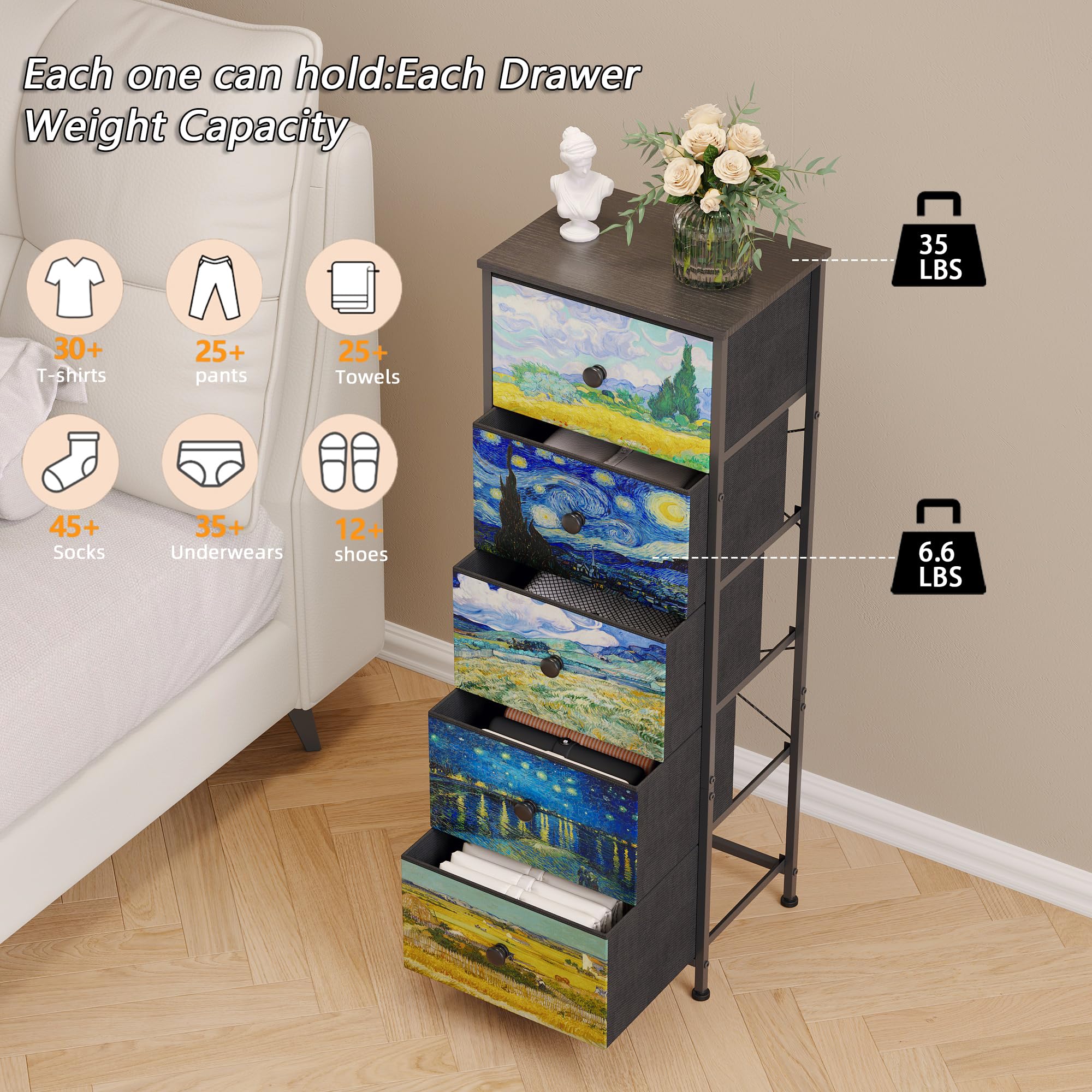Cómoda con cajones de tela, estilo Van-Gogh, armario estrecho para tocador, armario de almacenamiento para dormitorio, armario industrial, pasillo, salón, habitación infantil (5 cajones)