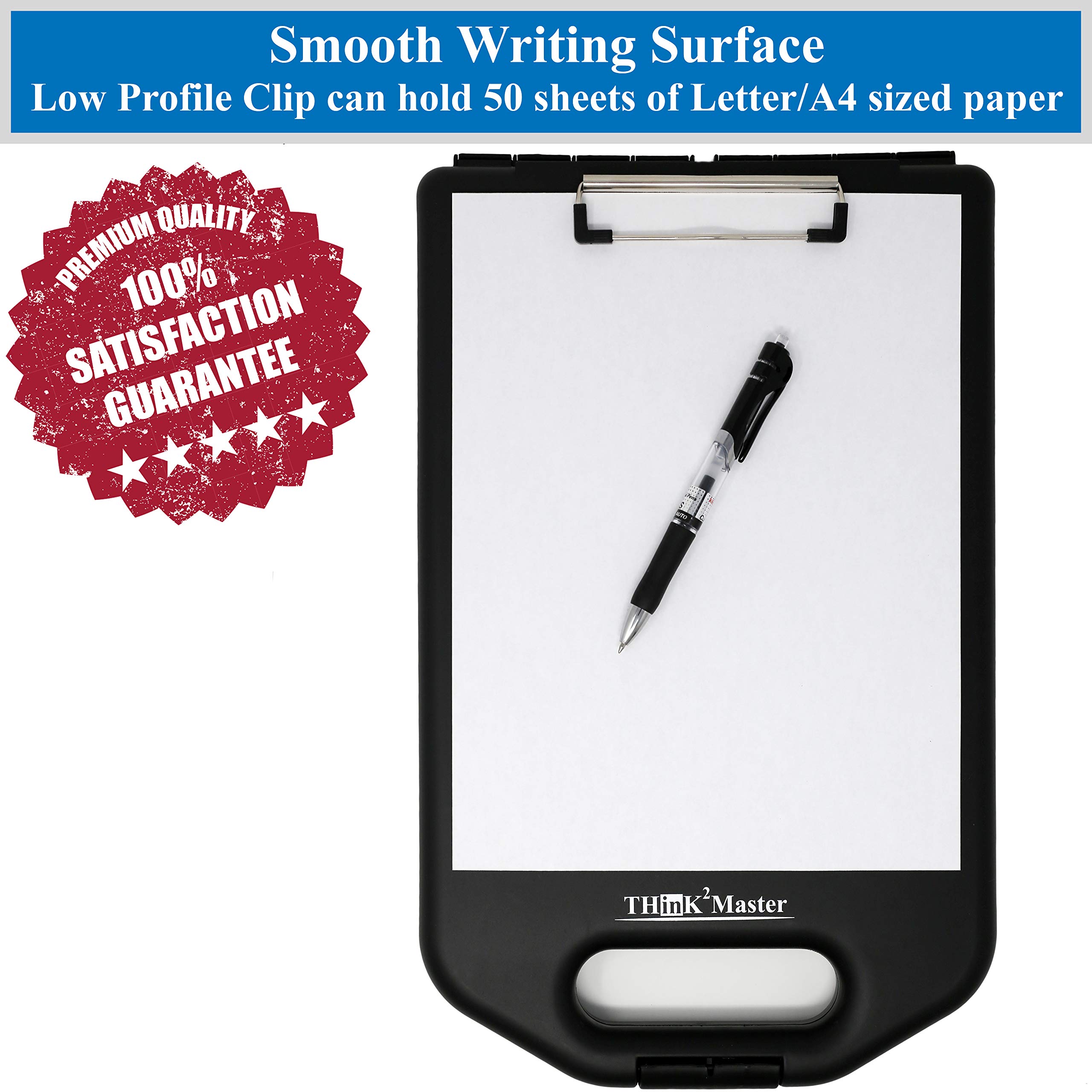 Think2Master Black Plastic Storage Clipboard with Handle and Real Hinges. Storage Area Holds 275