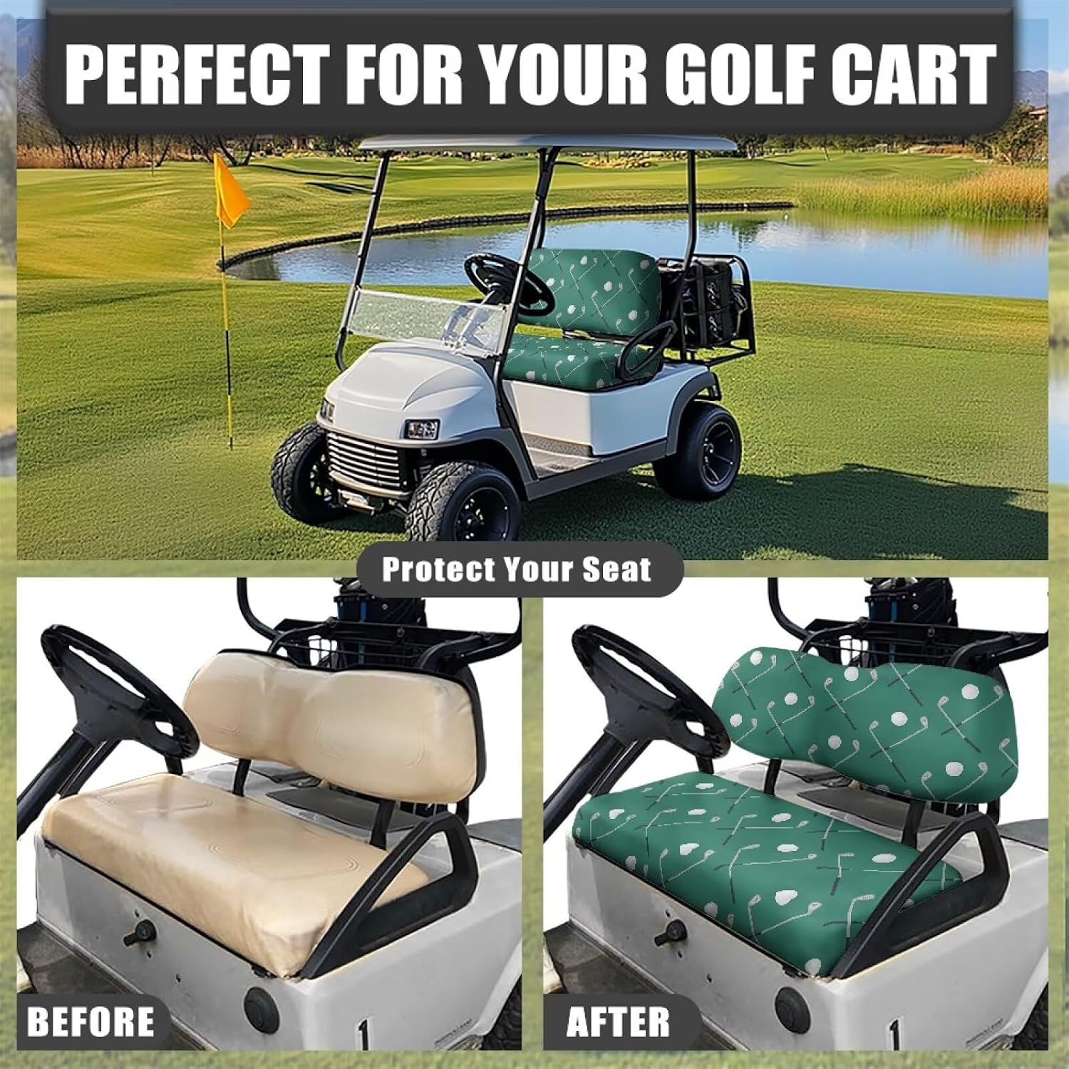 Golf Cart Seat Covers, Golf Cart Backrest and Bench Seat Covers 2 Pieces Non-Slip for Most 2 Person Seats Cushion