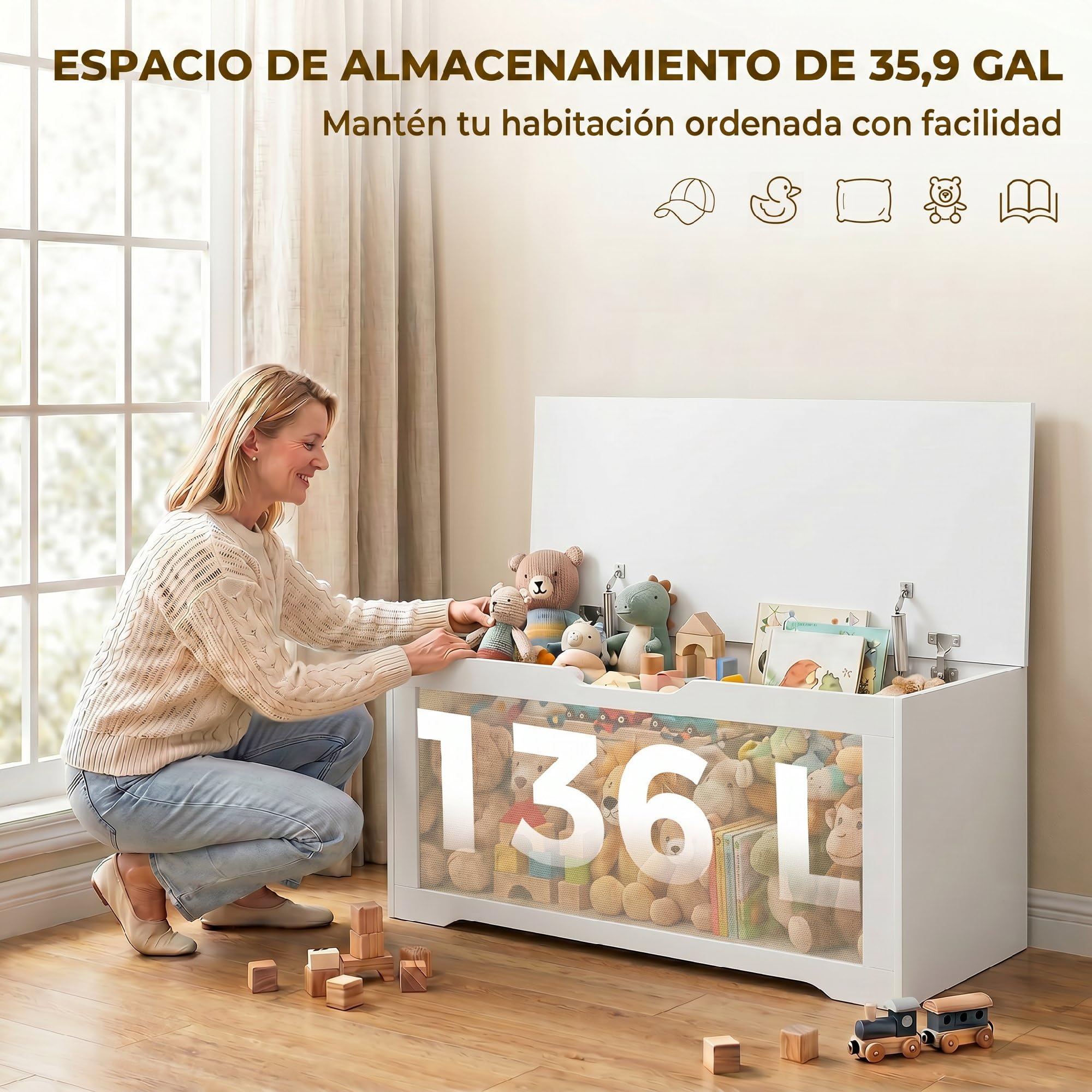 HOMCOM Baúl de Almacenaje 136L Banco de Almacenaje 100x40x45 cm Blanco | Panel de Ratán, Tapa Elevable, Brazos de Soporte, Diseño Sin Tiradores, para Recibidor, Pasillo, Dormitorio, Salón