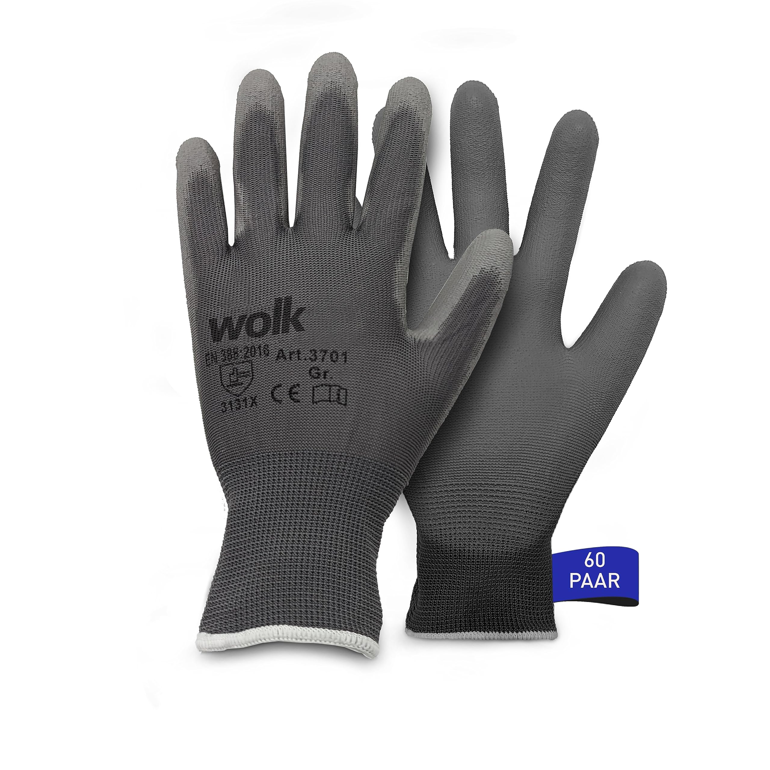 wolk Arbeitshandschuhe 60 Paar Größe 10, Montagehandschuhe Herren Grau | PU-beschichtete Feinstrickhandschuhe mit sicherem Grip für Montage, Garten, Werkstatt und Lager