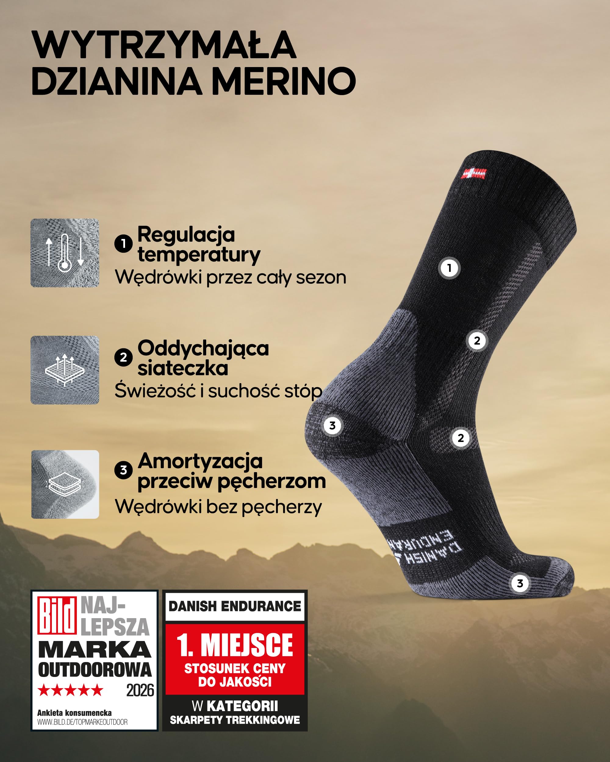 DANISH ENDURANCE Skarpety Trekkingowe z Wełny Merino z Amortyzacją, Oddychające, Przeciw Pęcherzom, dla Mężczyzn i Kobiet, Unisex