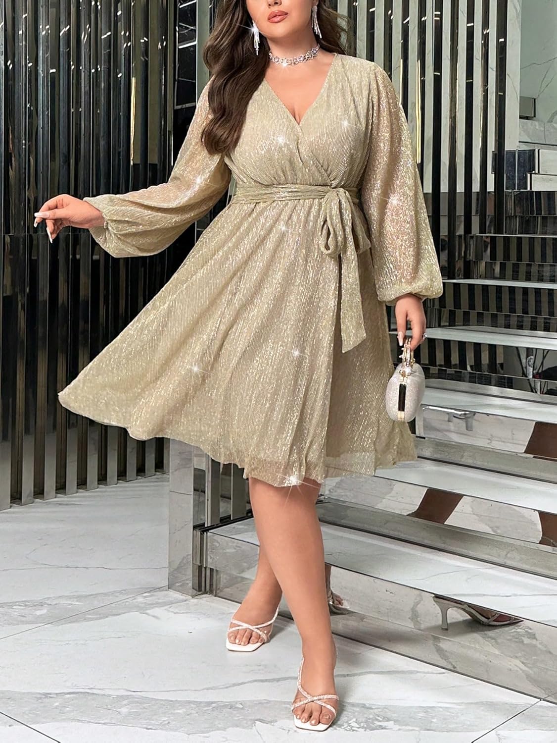 RED DOT BOUTIQUE 876 - Plus Size Elegant Sheer Sleeve Dress with Waist Sparkle Chiffon Mesh Cocktail Dress