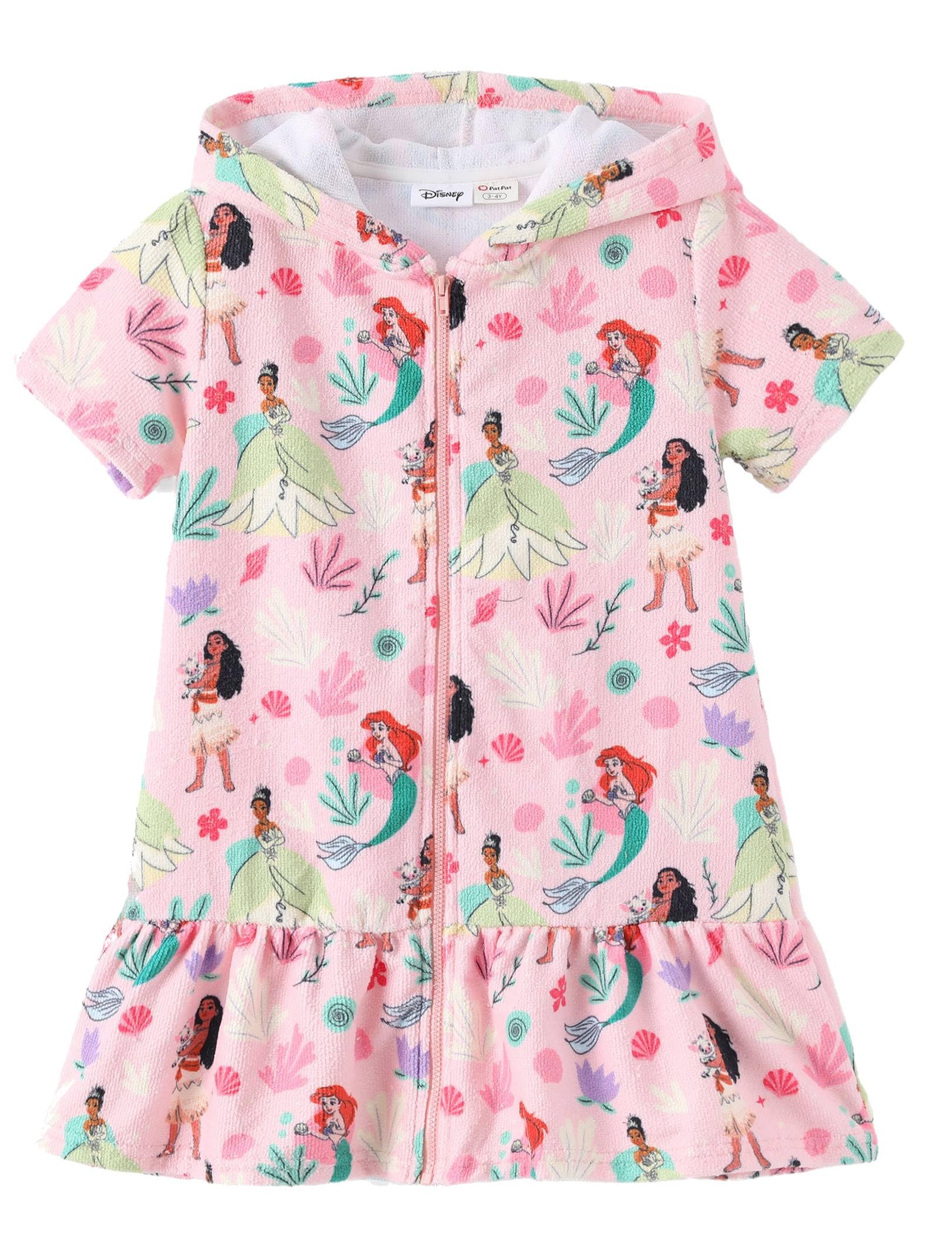 Disney Girls Swim Cover Up Terry Cloth Swimsuit Coverup Zip-Up Wrap Hooded