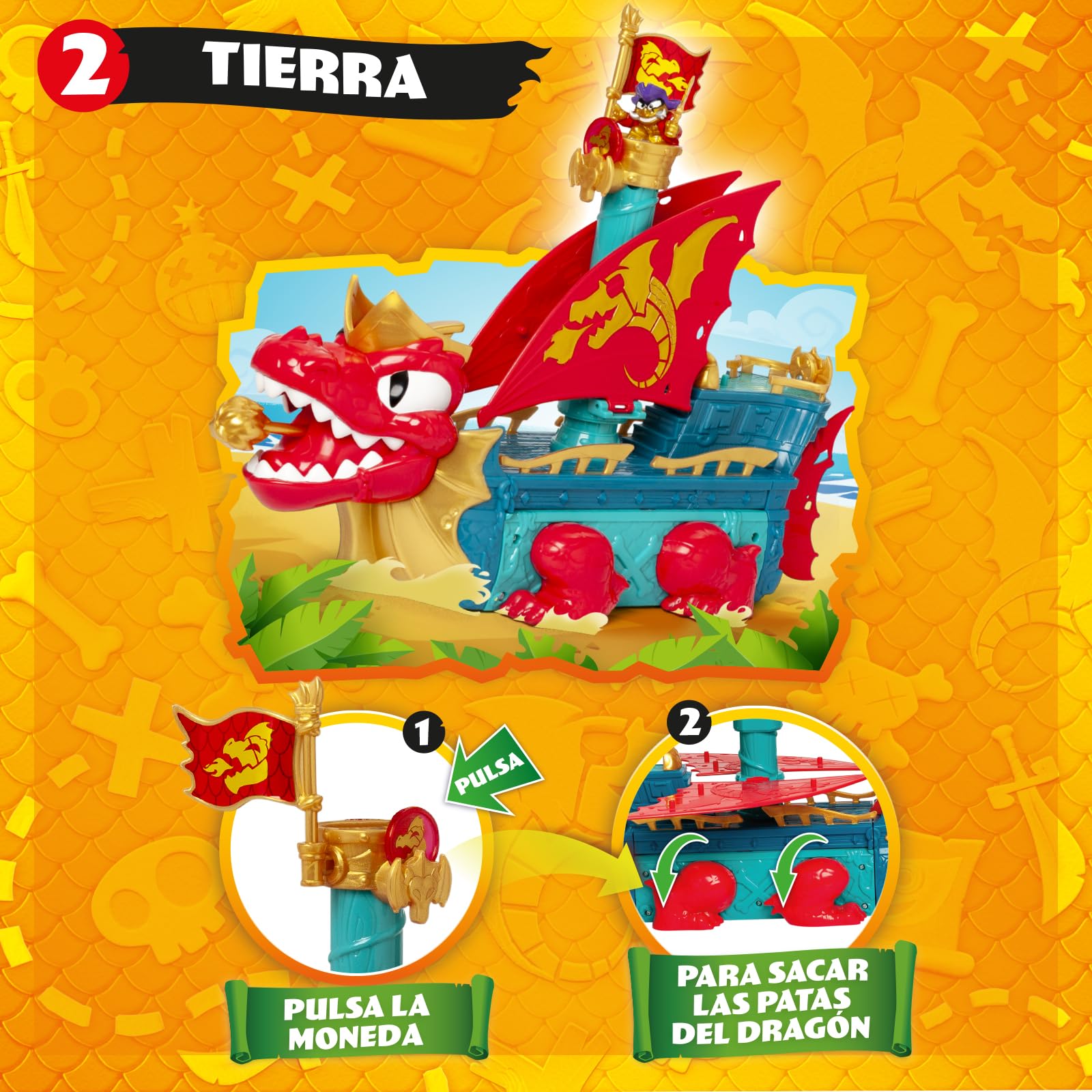 PIRATIX Dragon Ship – Barco Dragón de Piratix Todo Terreno 3 en 1: Tierra, Mar y Aire. Contiene 1 Barco Dragón, 1 Piratix Exclusivo, 1 Tesoro Exclusivo, 1 Bandera y 1 proyectil