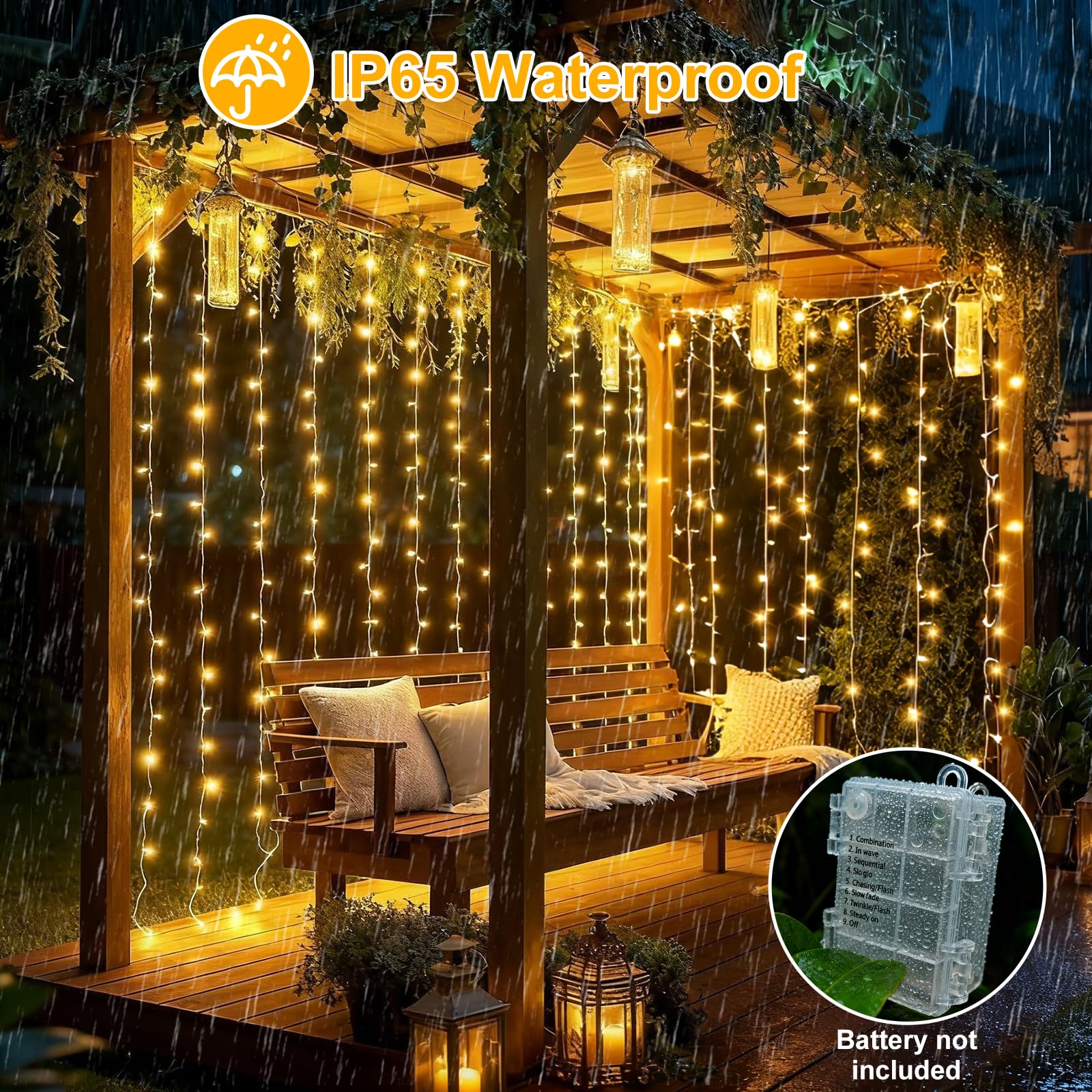 Rideau lumineux de 3 x 3 m - 300 LED - 8 modes - Avec minuterie et télécommande - Étanche - Pour fenêtre intérieure et extérieure - Blanc chaud