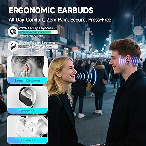 Open Ear Earbuds Wireless Bluetooth 5.3 Earphones, Flexible Clip On Ear buds with 36H Playtime LED Display Bone Conduction Headphones, IPX7 Waterproof Light Weight Fit for Every Ear, Sport, Workout