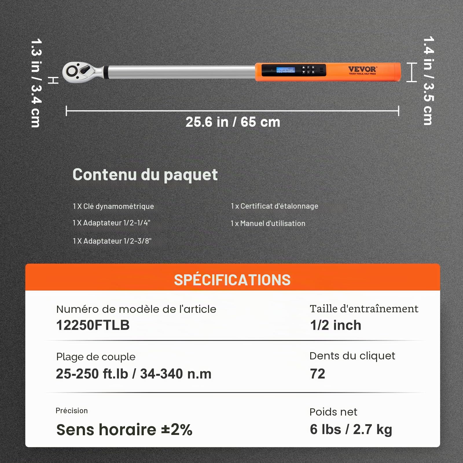 VEVOR 1/2" Clé Dynamométrique Numérique Clé de Torsion 34-340 N.m Précision ±2% Clé à Cliquet Réglable 72 Dents Contre Surcouple par LED Buzzer Vibration avec Adaptateurs Rallonge Kit d’Entretien Auto