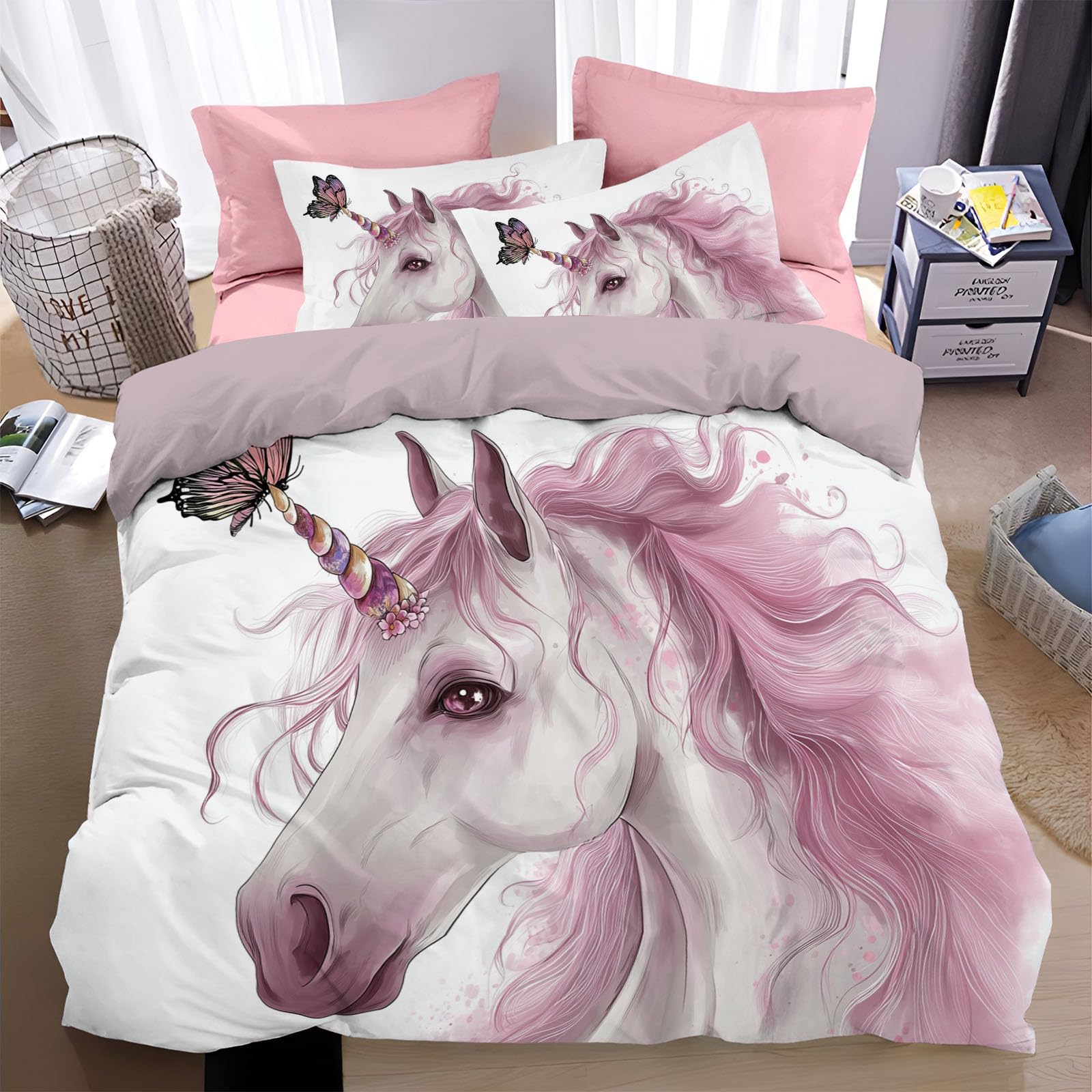 Housse de couette 140x200 licorne réversible avec taies d'oreiller 65x65