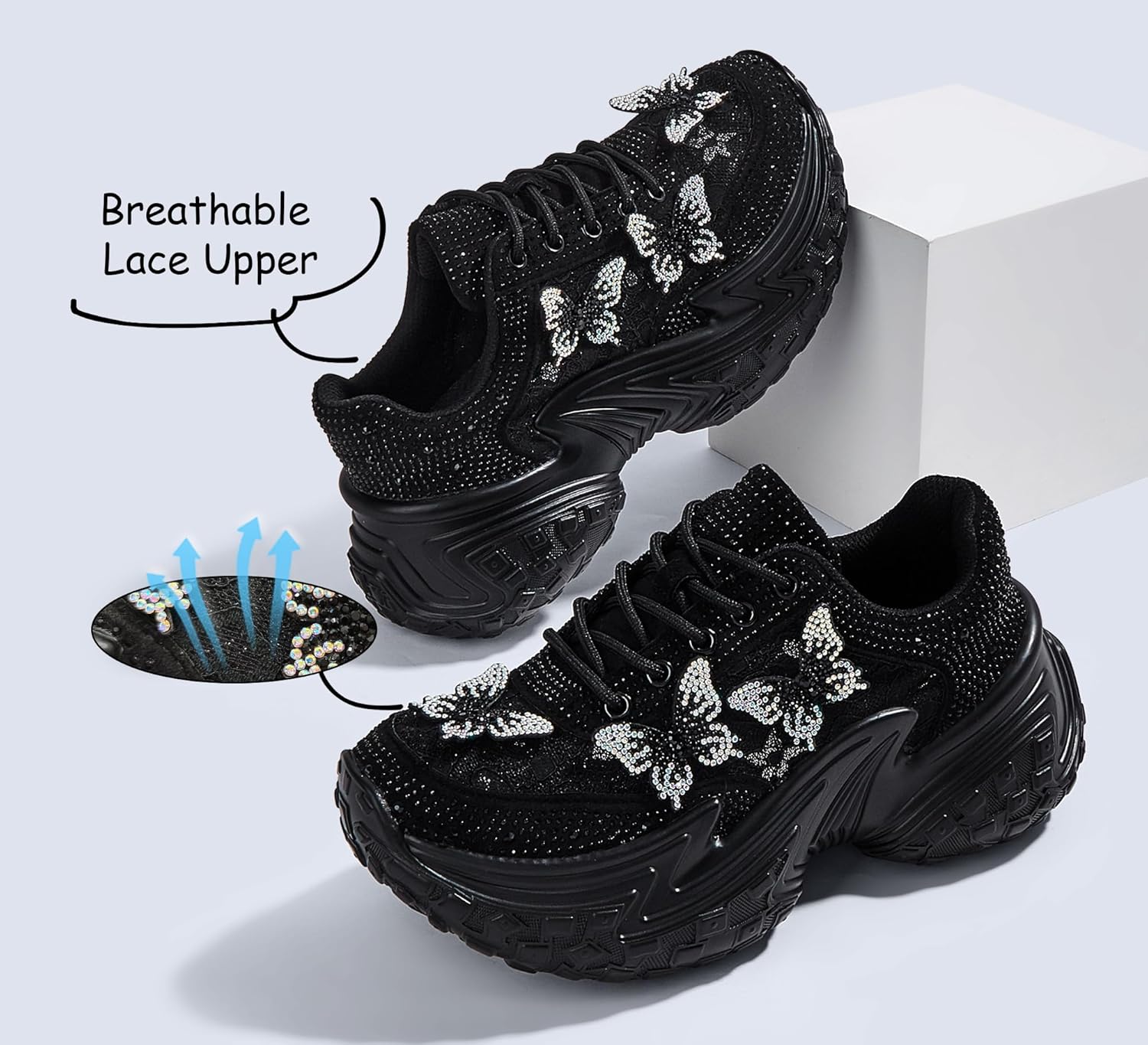 LUCKY STEP Women's Chunky Sneakers Platform Fashion Rhinestone Sparkly Dad Walking Shoes Butterfly Lace Wedge Casual Shiny Thick Sole Footwear - Image 3