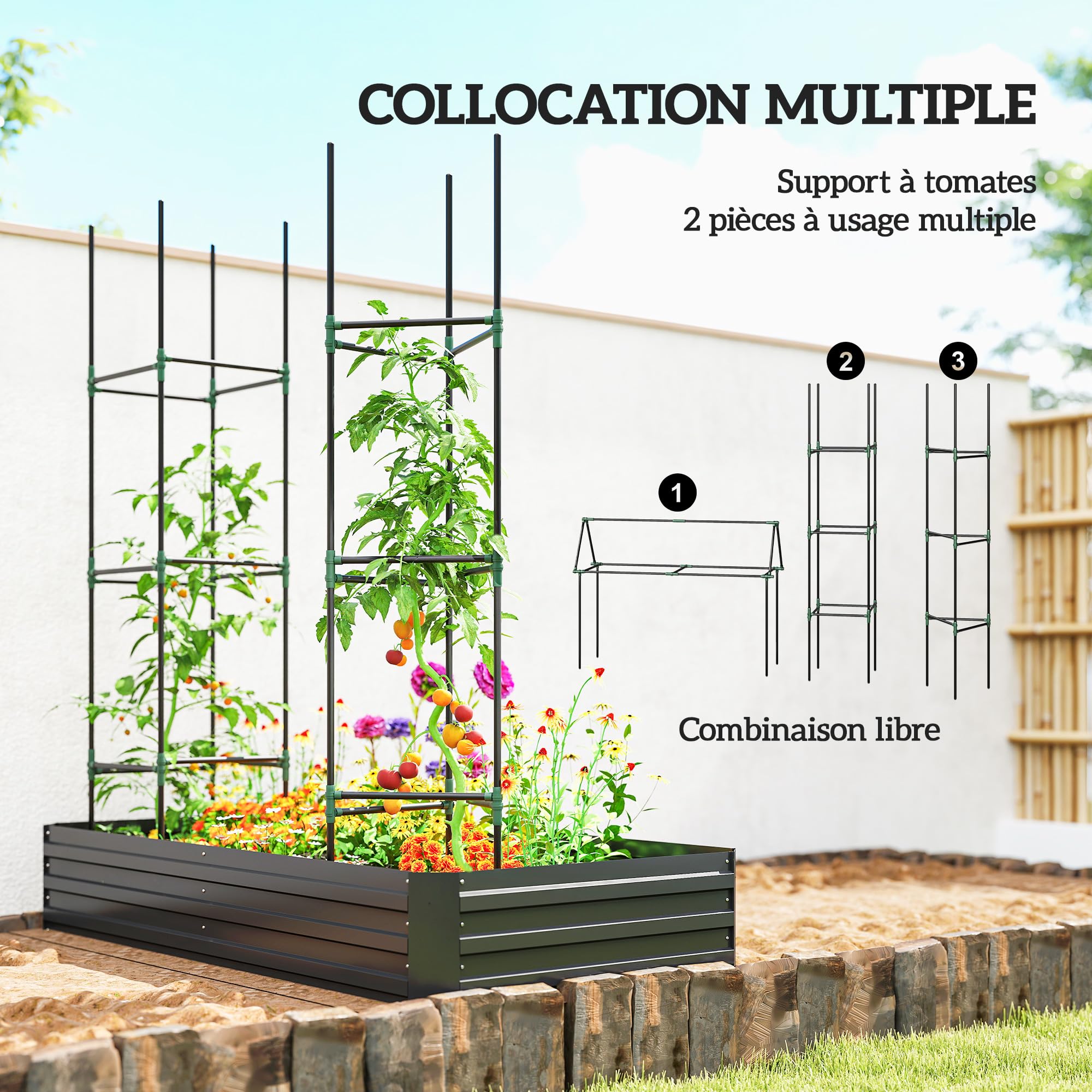 Outsunny Carré Potager Grande Capacité 180 x 90 x 29,5 cm Noir | Jardinière Rectangulaire, Acier Galvanisé, avec Tuteurs, pour Tomates et Plantes Grimpantes