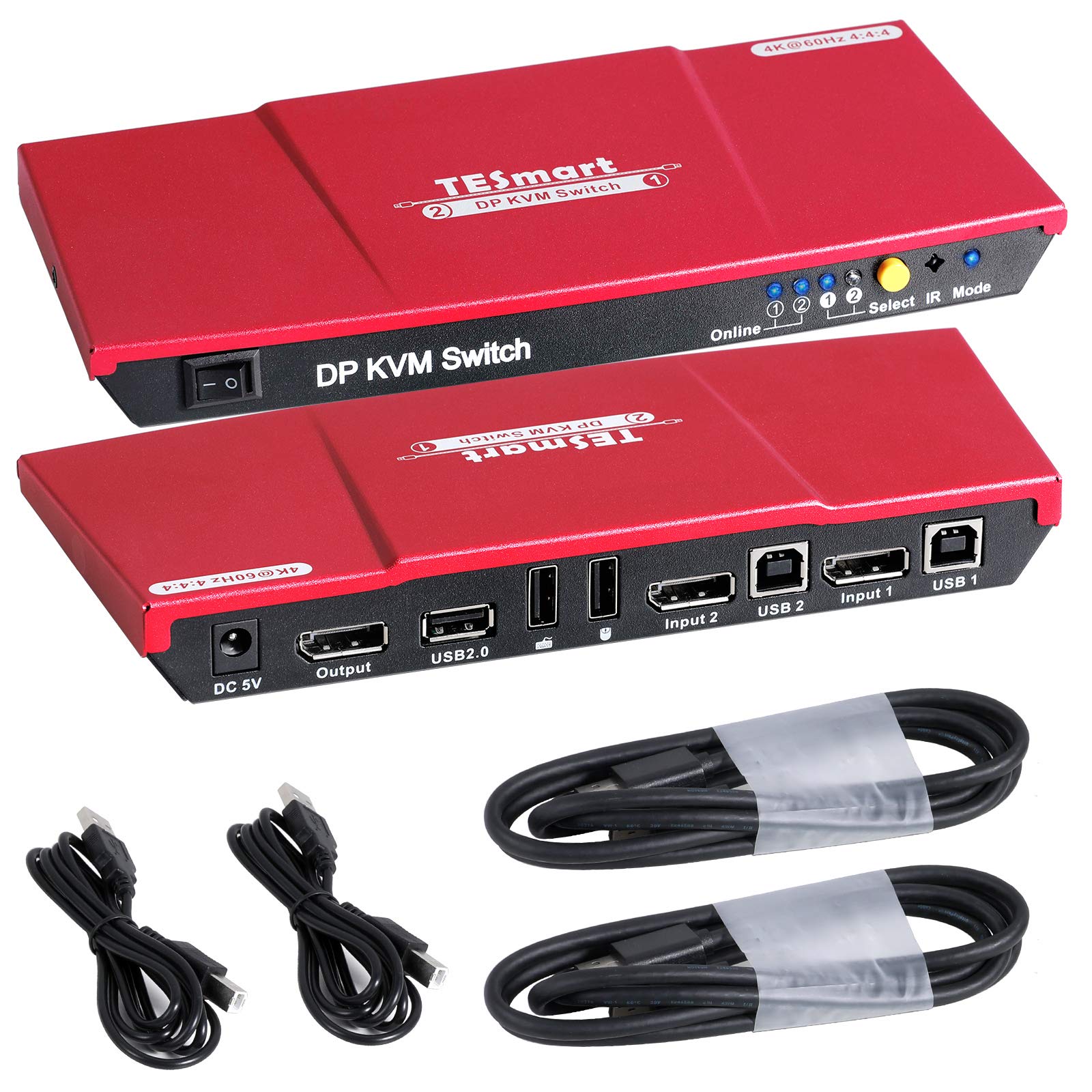 TESmart DisplayPort KVM Switch Mit 2 Port 4K@60Hz 4:4:4 Ultra HD | DP KVM Switch Mit Zusätzlichem USB 2.0-Port Unterstützt Auto Scan&IR-Fernbedienung Inklusive 2 Stck. 1,5 M KVM-Kabel-Mattschwarz