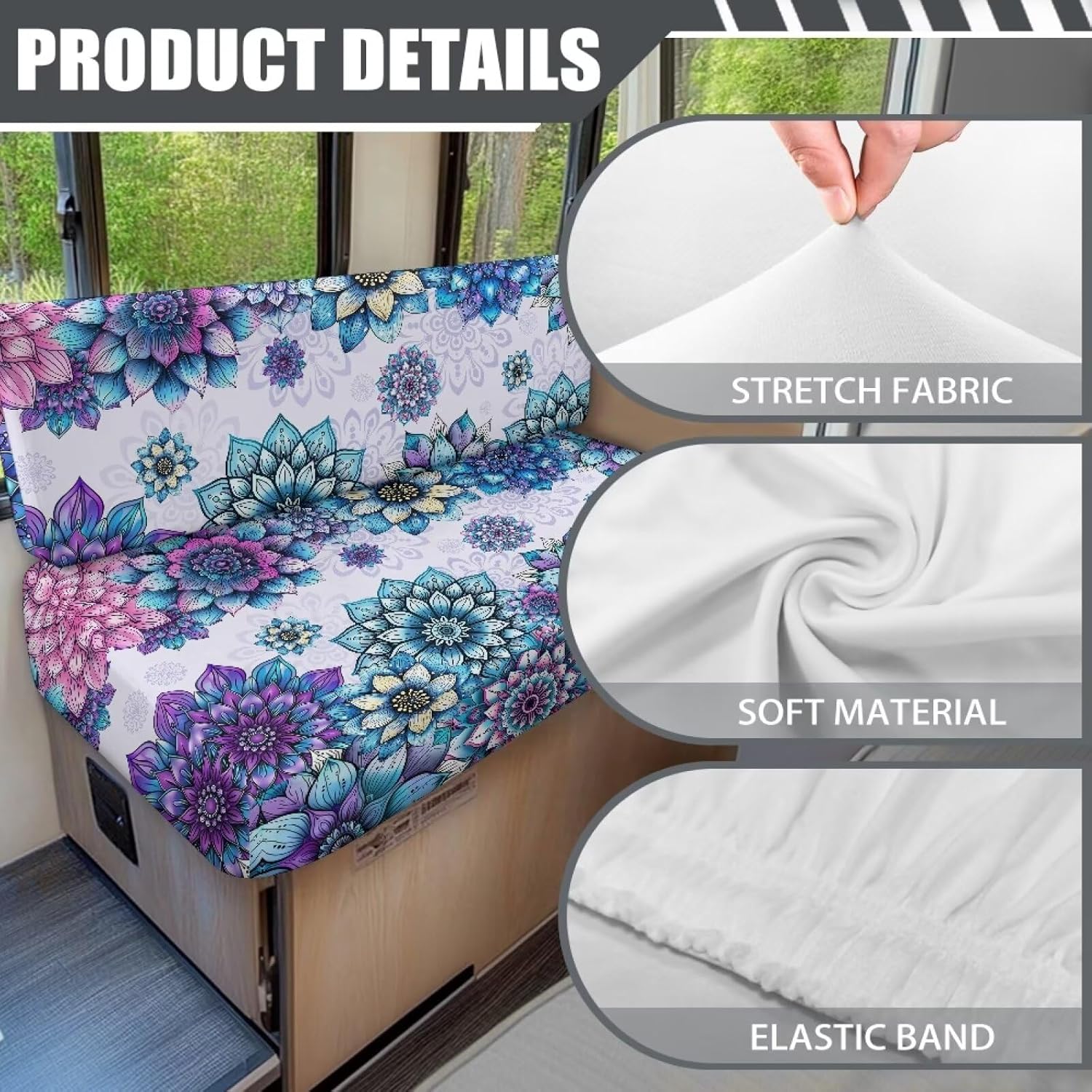 Rv Dinette Cushion Covers Set of 2 Boho Flowers Camper Must Haves Comfortable Loveseat Slipcovers with 1 Bench Cover & 1 Backrest Cover for RV Car Couch for Neighbors