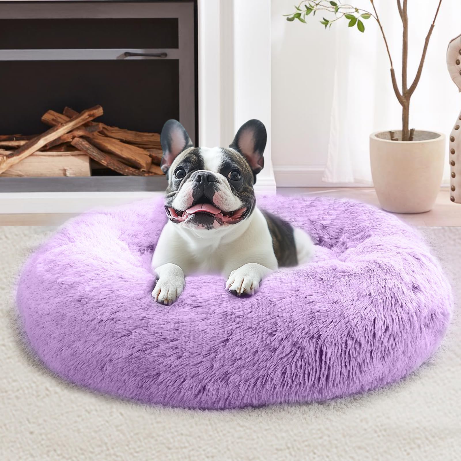 JOLLYVOGUE Calming Dog Bed Medium Size Dog, 31in Donut Washable Medium Pet Bed, Anti-Slip &amp; Anti-Anxiety Fluffy Faux Fur Round Dogs Bed, Fits up to 45 lbs Pets (Purple)