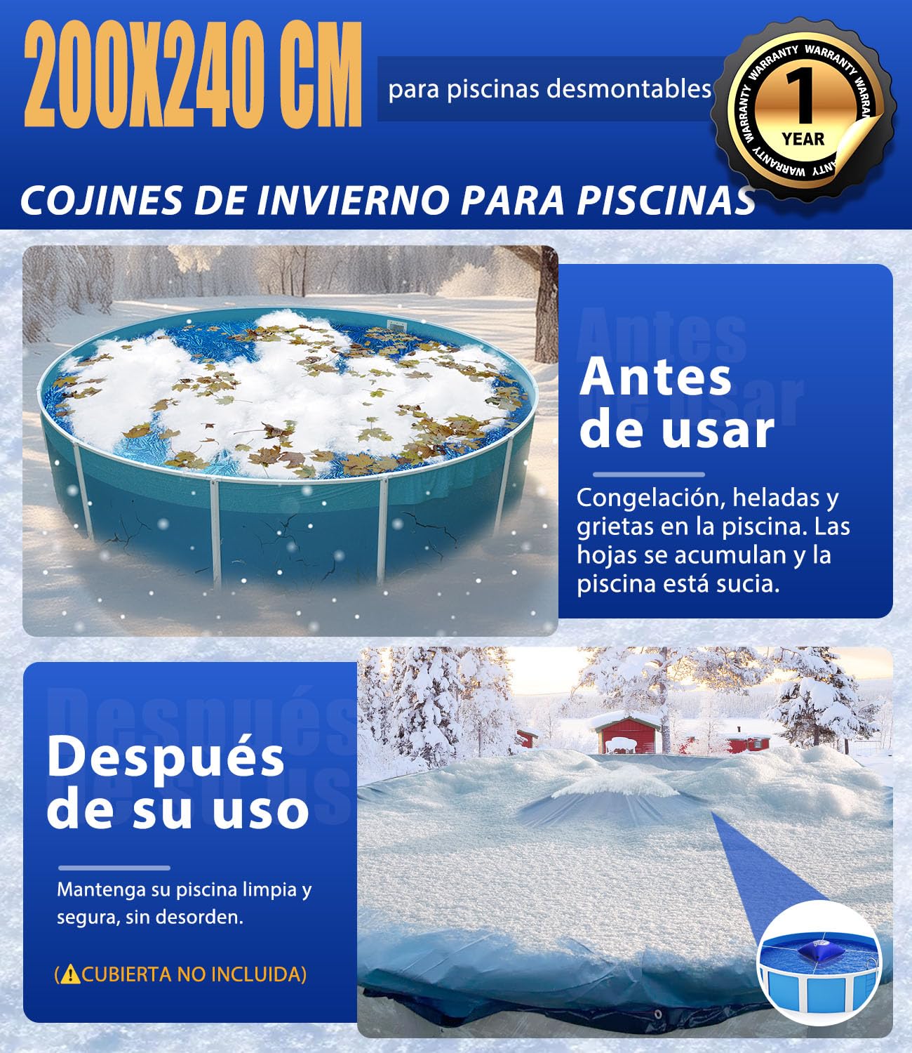 Angooni Cojín de piscina de invierno XXL 200 x 240 cm | Cojín de aire para piscina con doble costura para cubierta de piscina | Cojín de piscina para el invierno | con válvula Boston de doble