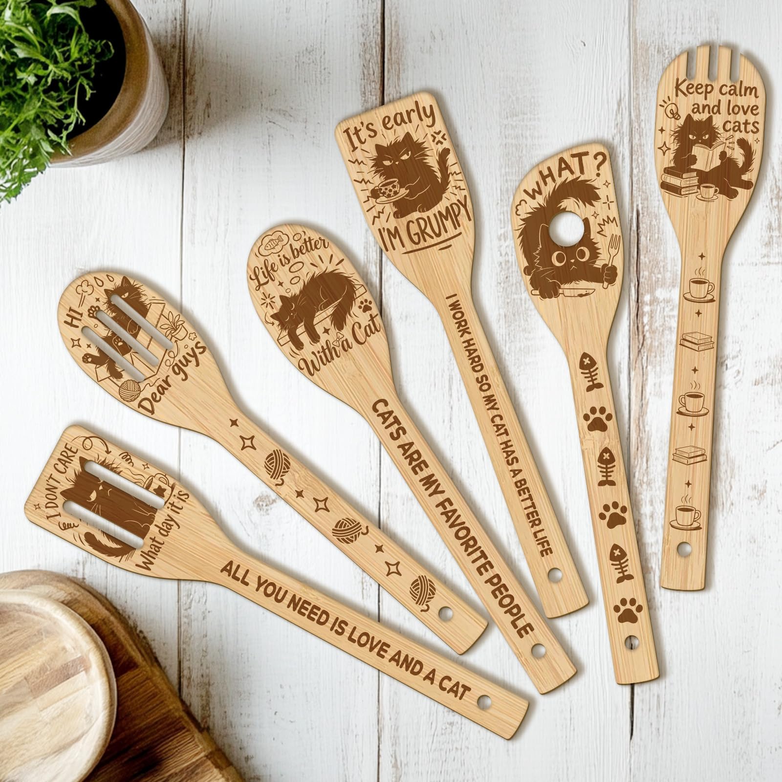 ANATTASOUL 6 Stück Struppige Katze Kochlöffel Holz Set für Damen und Herren