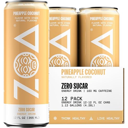 ZOA Zero Sugar Energy Drinks, Pineapple Coconut - Sugar Free with Electrolytes, Healthy Vitamin C, Amino Acids, Essential B-Vitamins, and Caffeine from Green Tea - 12 Fl Oz (12-Pack)