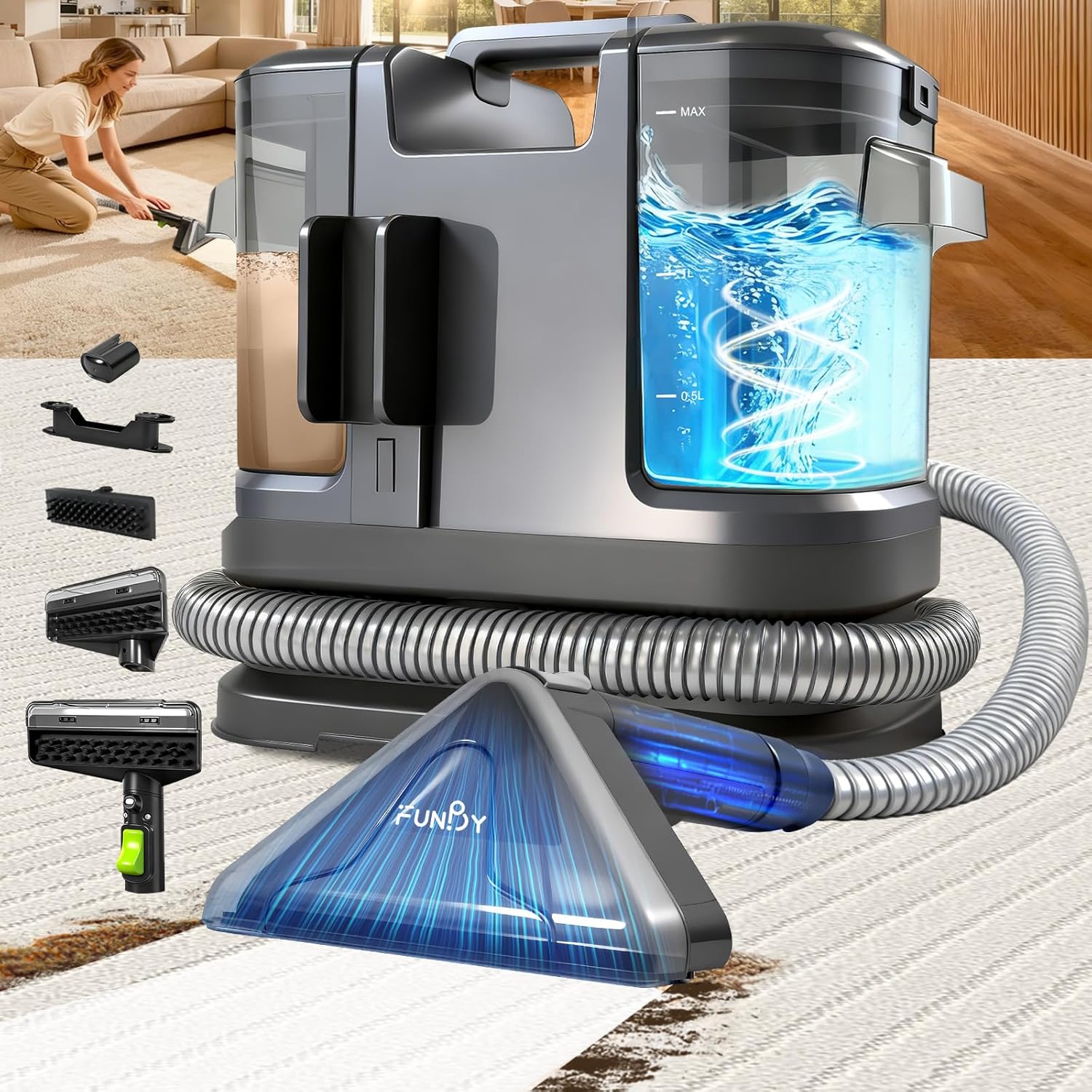 Portable Carpet Cleaner Machine,Carpet & Upholstery Cleaner Machine,15KPA Portable Small carpet Cleaner with Powerful Suction,Handheld Carpet Cleaner with 3 Brushead,portable Carpet cleaner for Pets