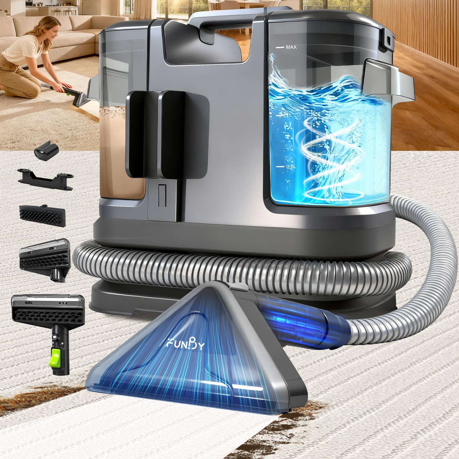 Portable Carpet Cleaner Machine Carpet Upholstery Cleaner Machine 15KPA Portable Small carpet Cleaner with Powerful Suction Handheld Carpet