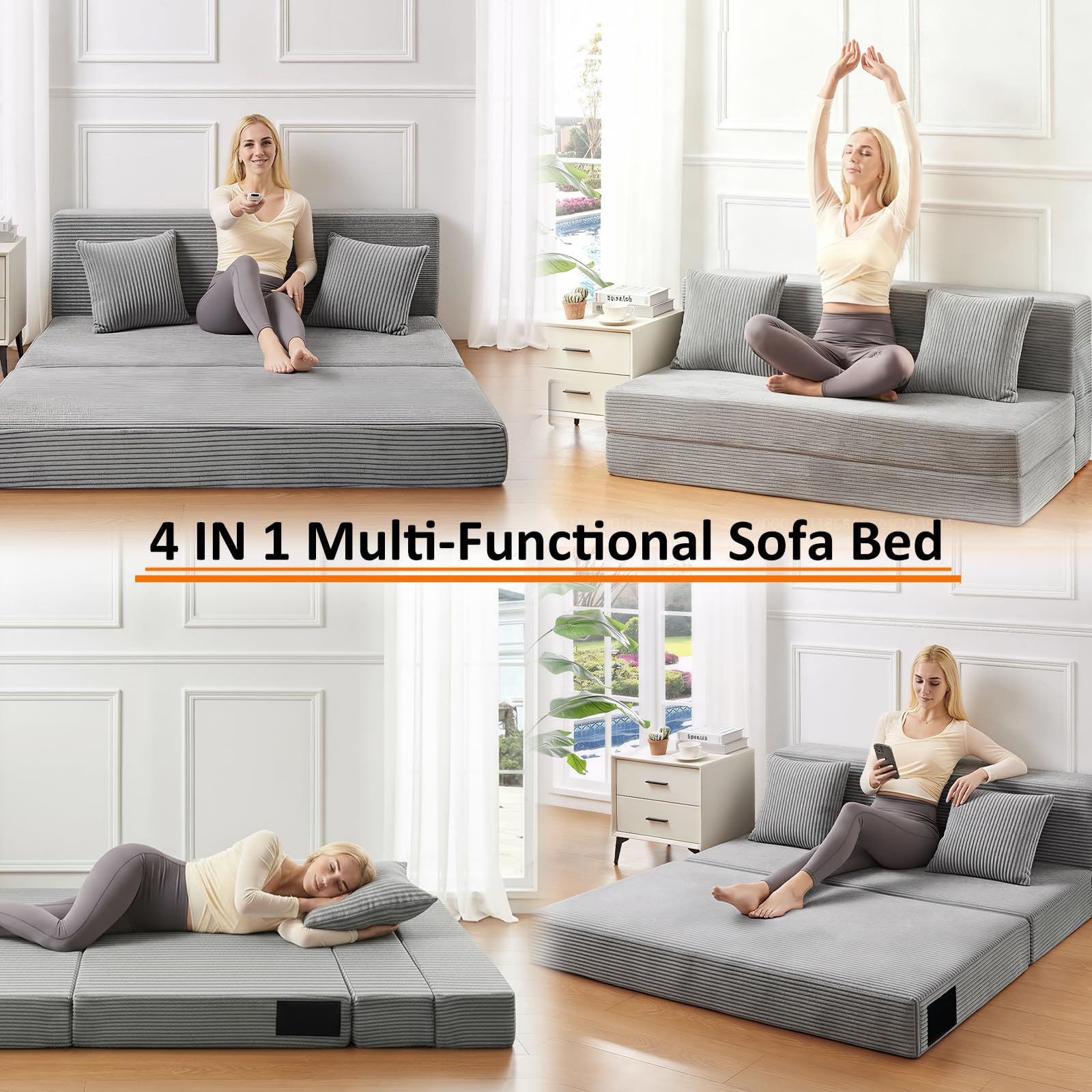 Queen Size Folding Sofa Bed - 4 in 1 Convertible Sleeper Chair with Two Pillows - High Density Memory Foam Futon Couch - Foldable Bed for Living Room Bedroom (Dark Grey)