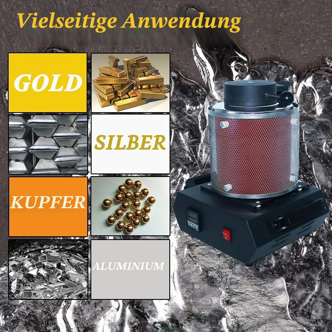 2100 W elektrischer Goldschmelzofen mit 3 kg Graphit-Tiegel für Schmelzkratzer, 2100 F digitale Metallschmelzmaschine mit Netzschutz, Silber, Gold, Kupfer, Aluminium, 220 V Verfeinerungsgussofen