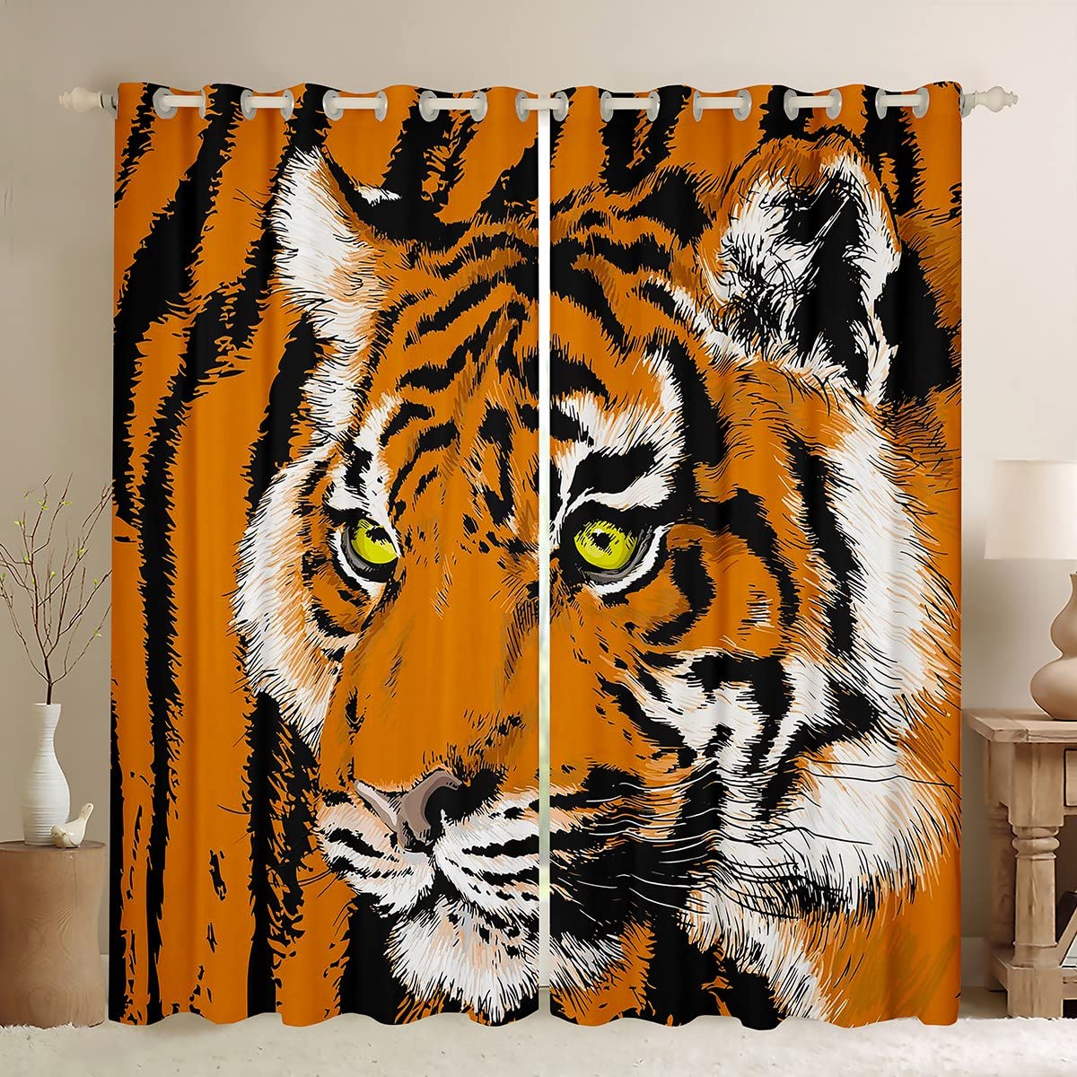 Loussiesd Tiger Curtain Tiger Darkening Window Dreapes for Bedroom Wild Animal Wildlife Orange Fur Theme Blackout Curtains Breathable Window TreatmentsW46*L72