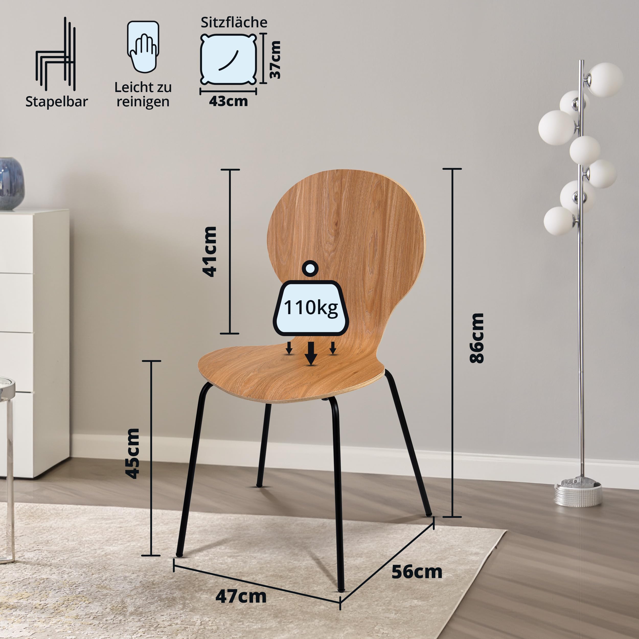 KHG 6er Set Stapelstühle Esszimmerstuhl Stuhl aus Schichtholz mit Eiche-Dekor - Sitzhöhe 45 cm, Stuhlbeine aus Metall - stapelbar für Esszimmer Gastronomie Büro