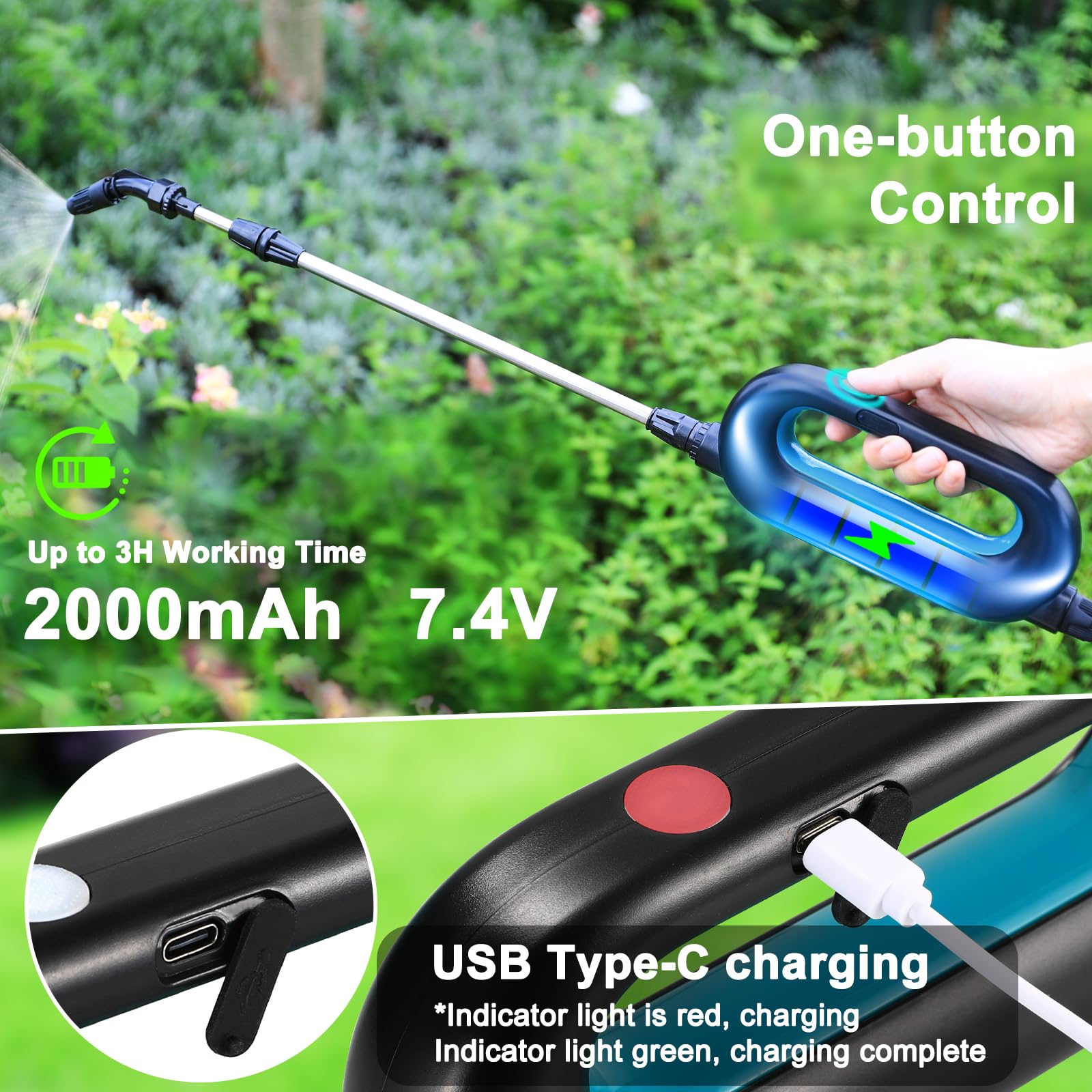 TLGREEN Pulverisateur Electrique à Batterie 8L, 7.4V/2000 mAh Pulverisateur de Jardin avec 3 Buses Réglable, Pistolet pulvérisateur télescopique pour Pelouse, Cour pulvérisation des Plantes de Jardin