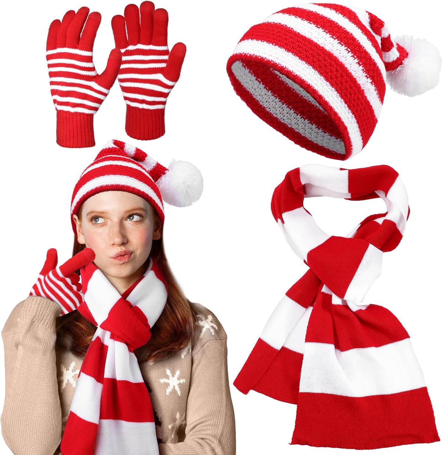 Suhine 3 Pcs Christmas Scarf Hat Gloves Set Winter Knitted Elf Hat Santa Scarf for Party Christmas Party Gifts