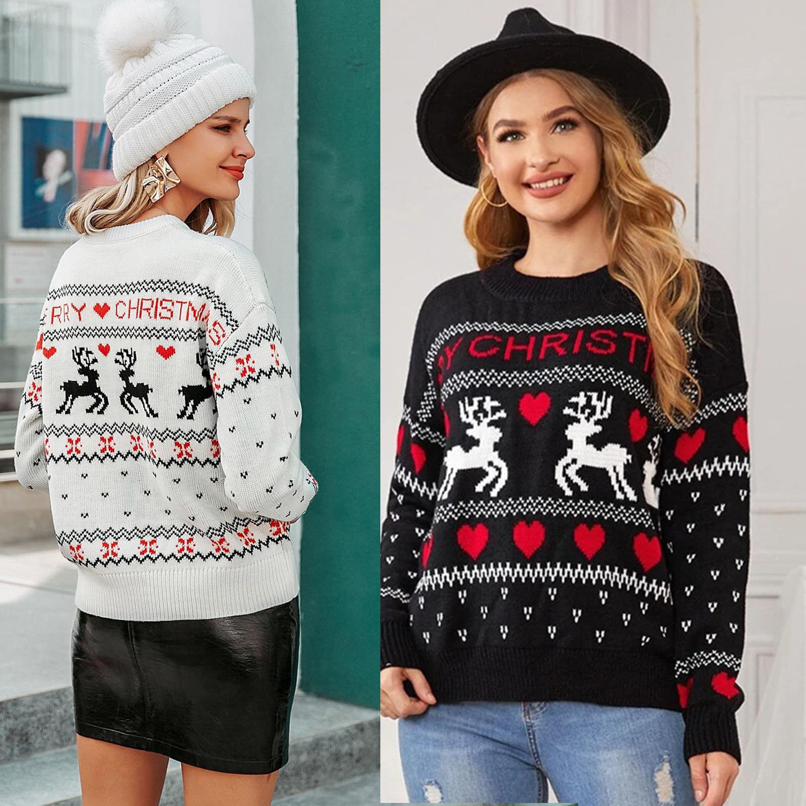 Suéter de punto con diseño de reno navideño para mujer, cuello de manga larga, suéter informal de gran tamaño