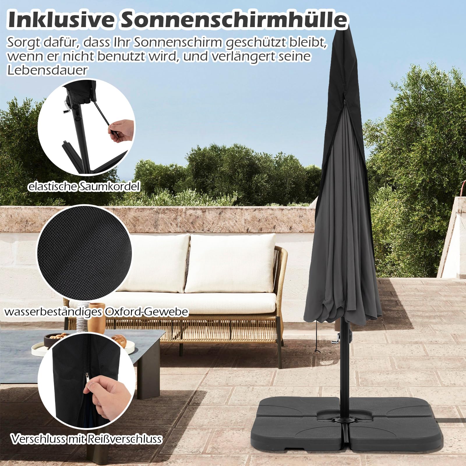 GOPLUS Ampelschirm 300 cm, Sonnenschirm mit Kurbel, Kreuzfuß & Schutzhülle, Gartenschirm mit 35° unendliche Neigung, Terrassenschirm mit Volant, Marktschirm für Pool, Garten & Terrasse, Grau