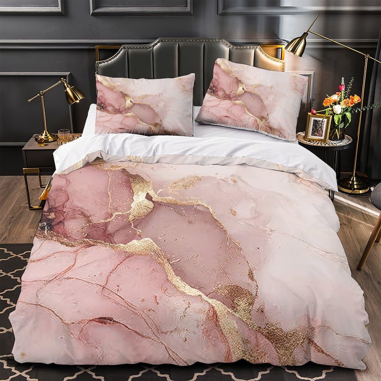 Housse de Couette Anti-Plis Effet Marbre 220x240 Parure de Lit Fermeture Éclair sans Repassage
