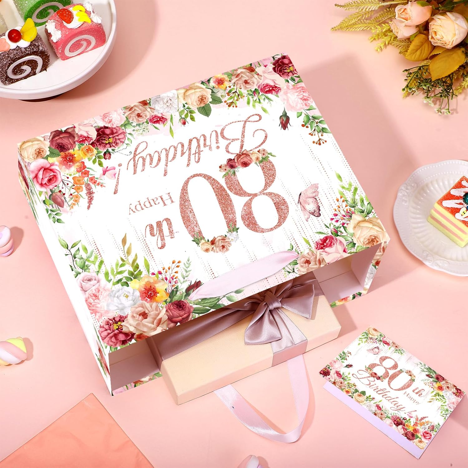 Peconal 80th Birthday Gift Bag for Women Rose Gold Flower 80th Birthday Gift Wrapping Paper Bag Eighty Greeting Card for Cheers to 80 Years Old Party Favors Supplies - Image 4