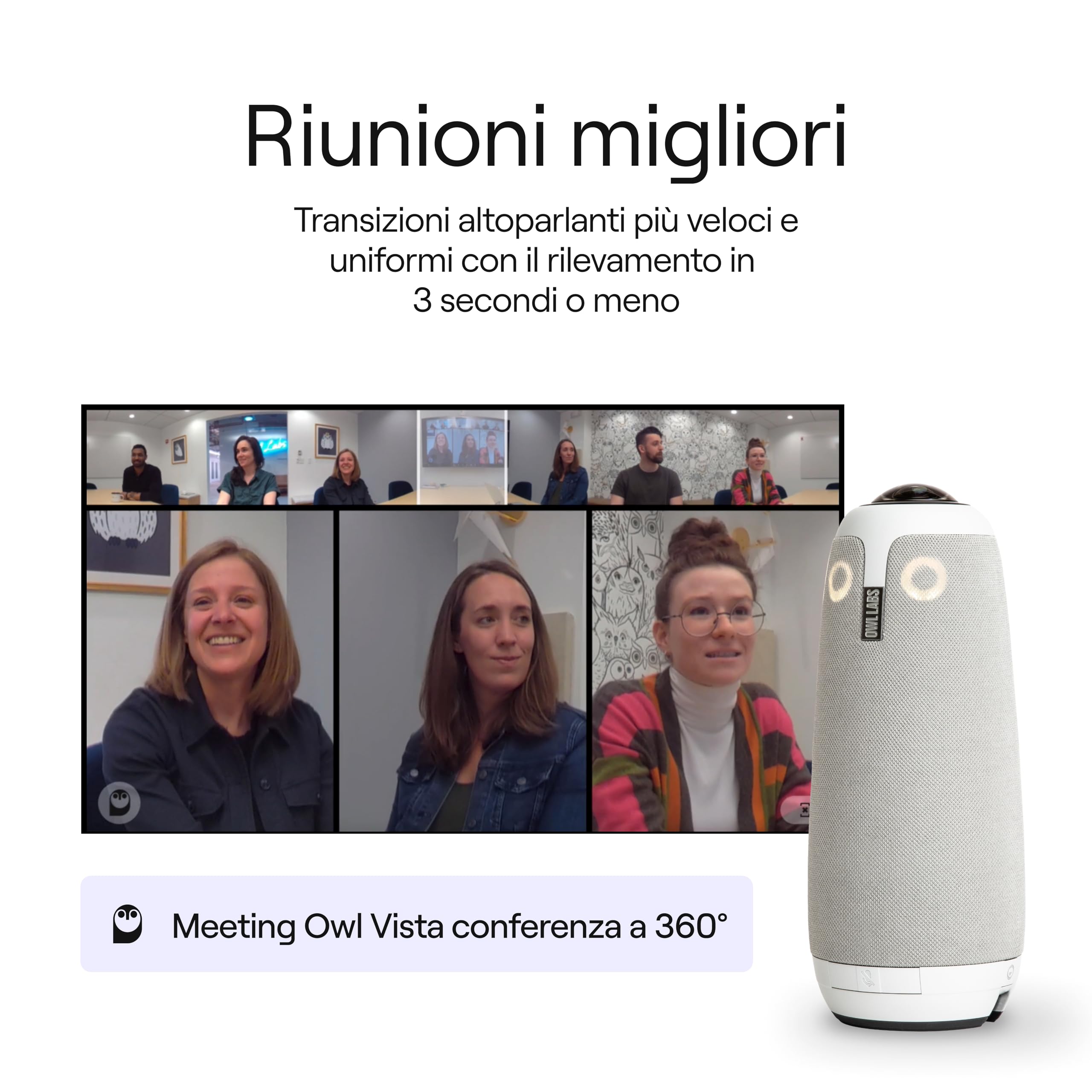 Owl Labs Meeting Owl 3 - Videocamera per videoconferenza HD Smart 1080p a 360°, microfono e altoparlante (fuoco automatico altoparlante, Smart Zoom, equalizzazione rumore)