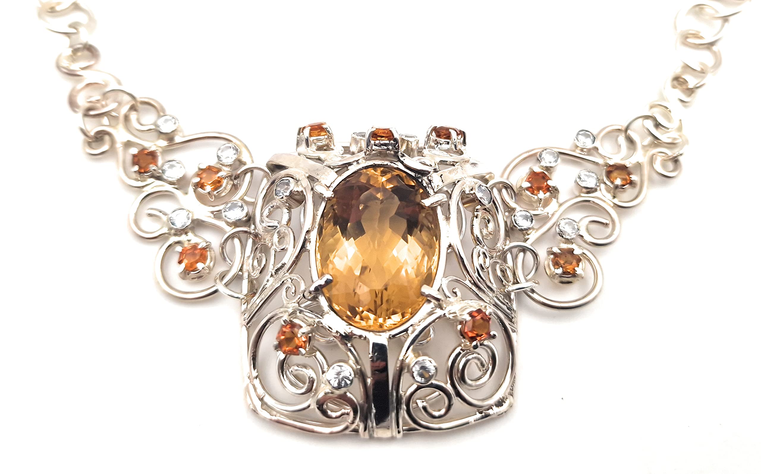 Majestätisches Citrin - Bergkristall Collier aus 925er Silber, handgefertigte Kette, Groß, Statement, Königlich, aufwendig, leicht, Unikat, Handarbeit