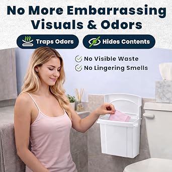 Alpine Sanitary Napkin Receptacle - Feminine Hygiene Disposal Container, Wall Mounted Trash Can with Odor Control Seal & Installation Hardware (White)