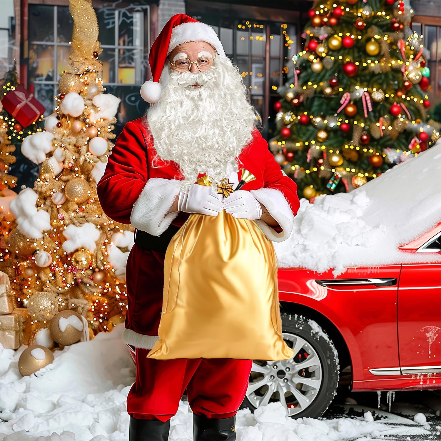 MOVINPE Santa Claus Beard and Wig Set for Adult Men Santa Costume Accessories, Beard Wig Eyebrows Hat Glasses Gloves Satin Gift Bags Hand Bell, Perfect for Celebrations Festive Events Parties - Image 5