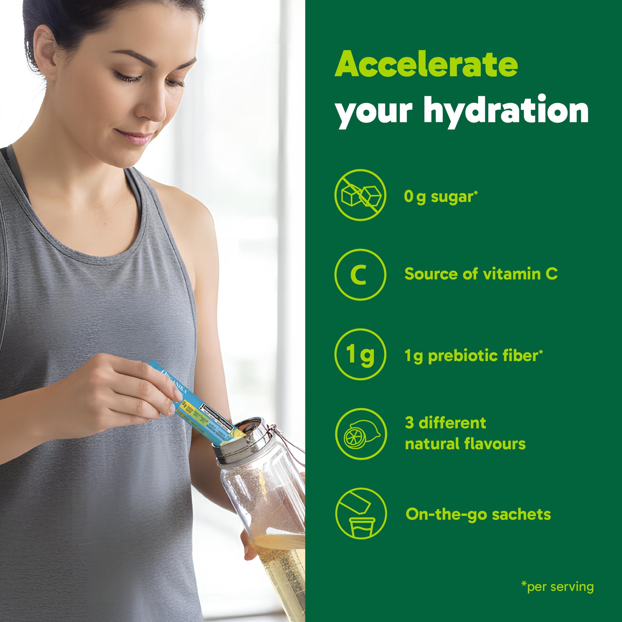 Organika's Canadian-made electrolyte powder sachets offer convenient, sugar-free hydration.