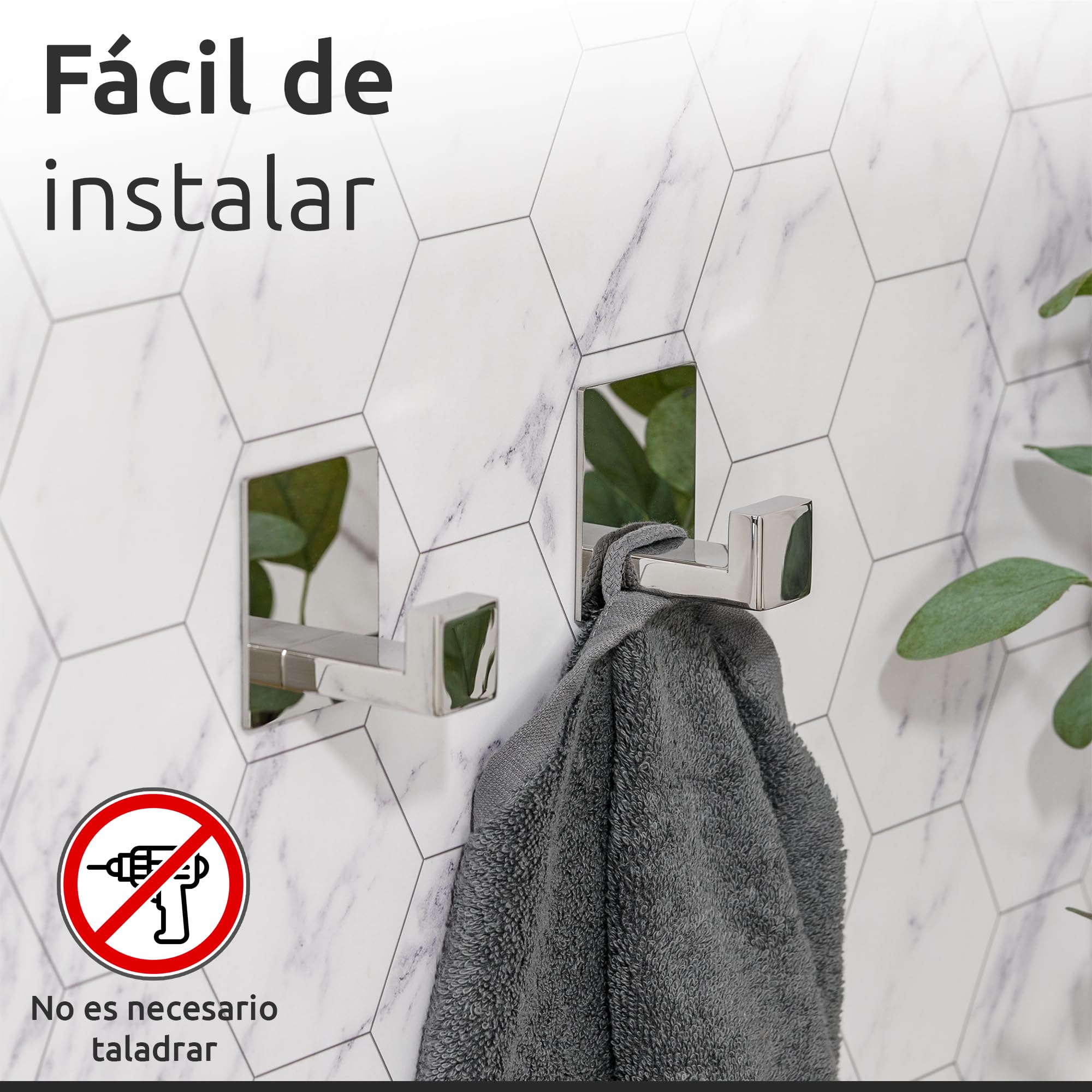 ECENCE Ganchos para Toallas 2x auto-adhesivos sin taladrar cromo soportes para toallas de Acero Inoxidable, ganchos para ropa para pegar en la pared