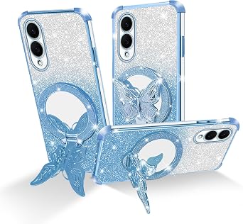 Glitter Butterfly Case for Samsung Galaxy S25 Edge 6.7", Shockproof Kickstand Protective Phone Case, Sparkle Bling Cute Women Girls Cover Anti-Scratch Drop Protection - Blue
