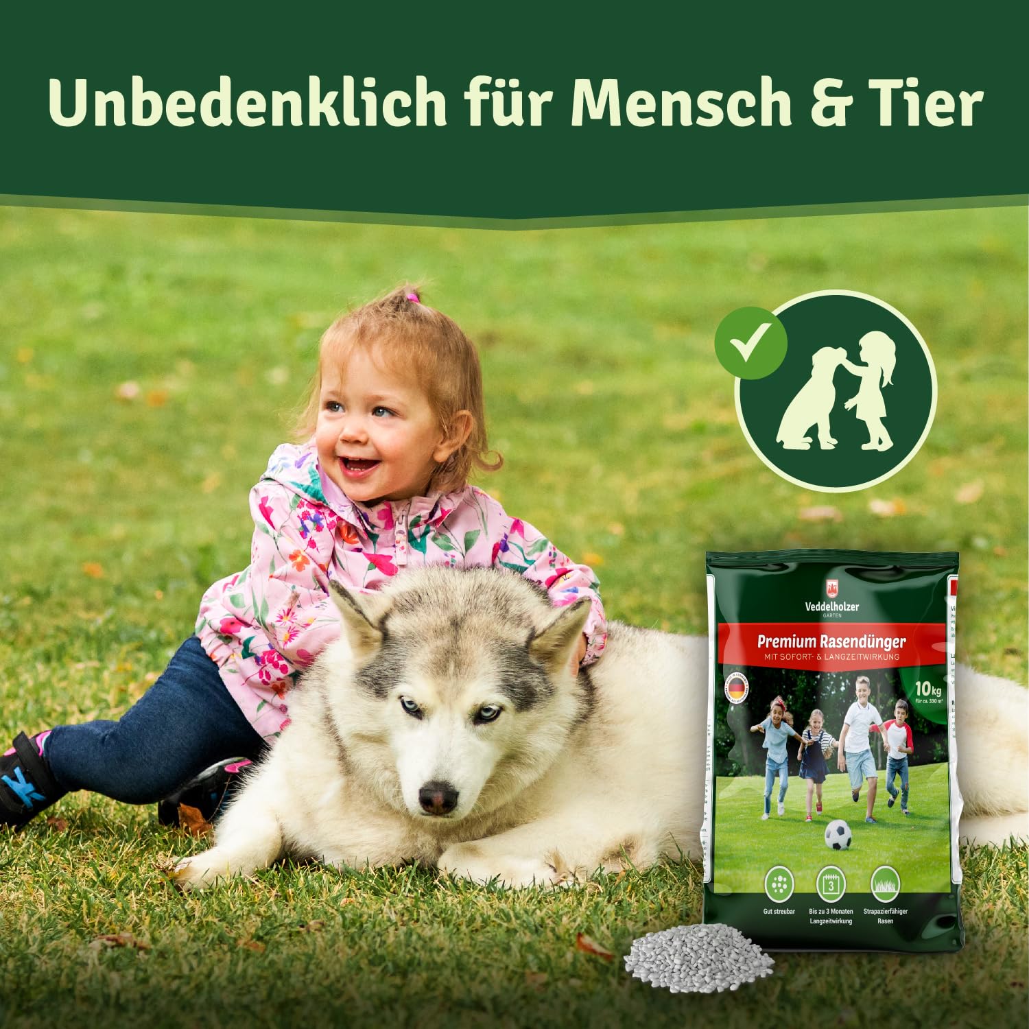 Veddelholzer Garten starker mineralischer Rasendünger mit 3 Monaten Langzeitwirkung ideal für Frühjahr und Sommer NPK 15+5+8 (+3), staubarmes Granulat, Langzeitdünger Rasen Dünger