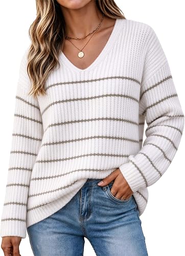 Women's Fall V Neck Long Sleeve Striped Pullover Light Comfy Sweater