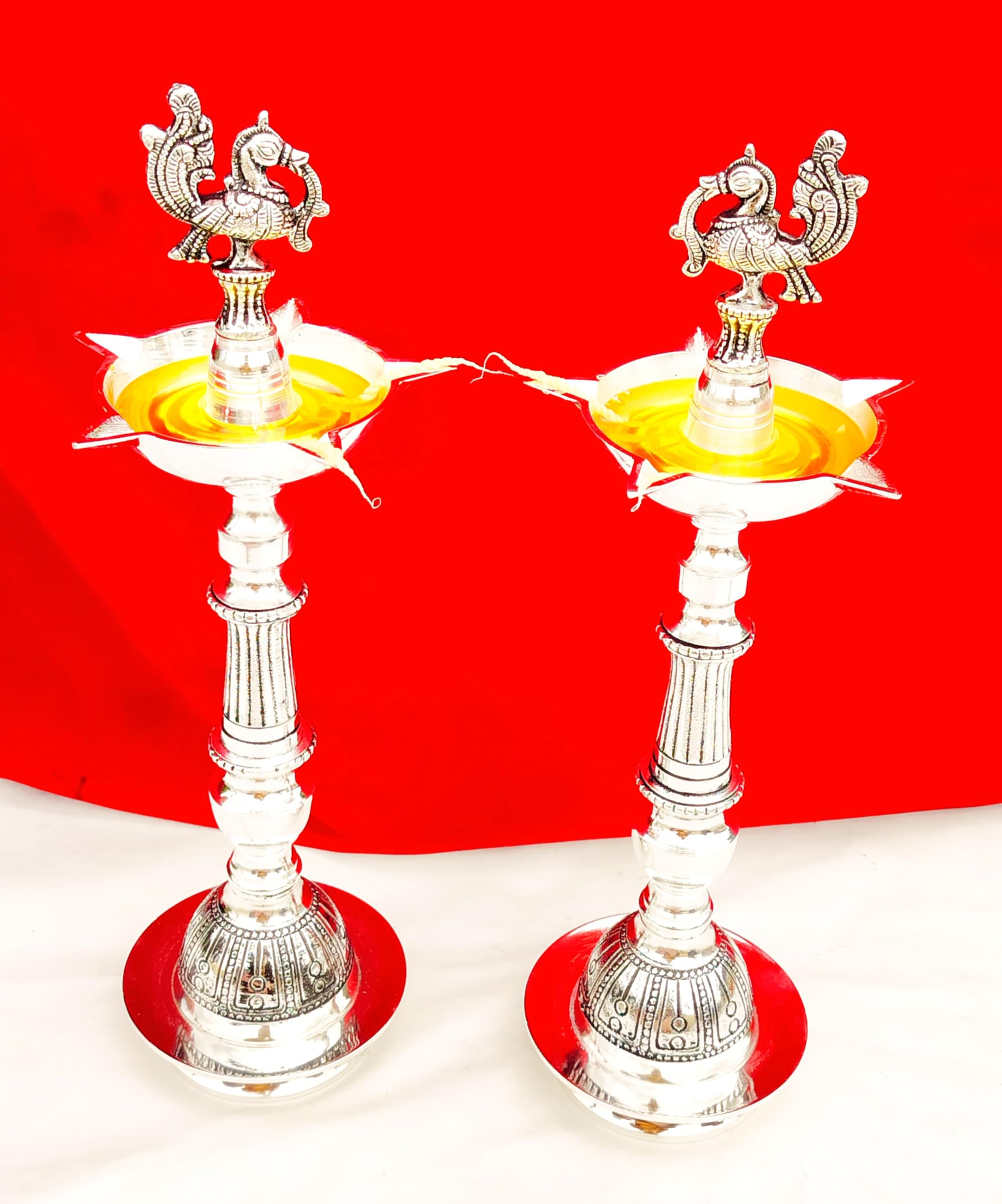 Antique Finish German Silver Peacock Diya Pair for Diwali/ Temple/ Housewarming Pooja/ Gift Item