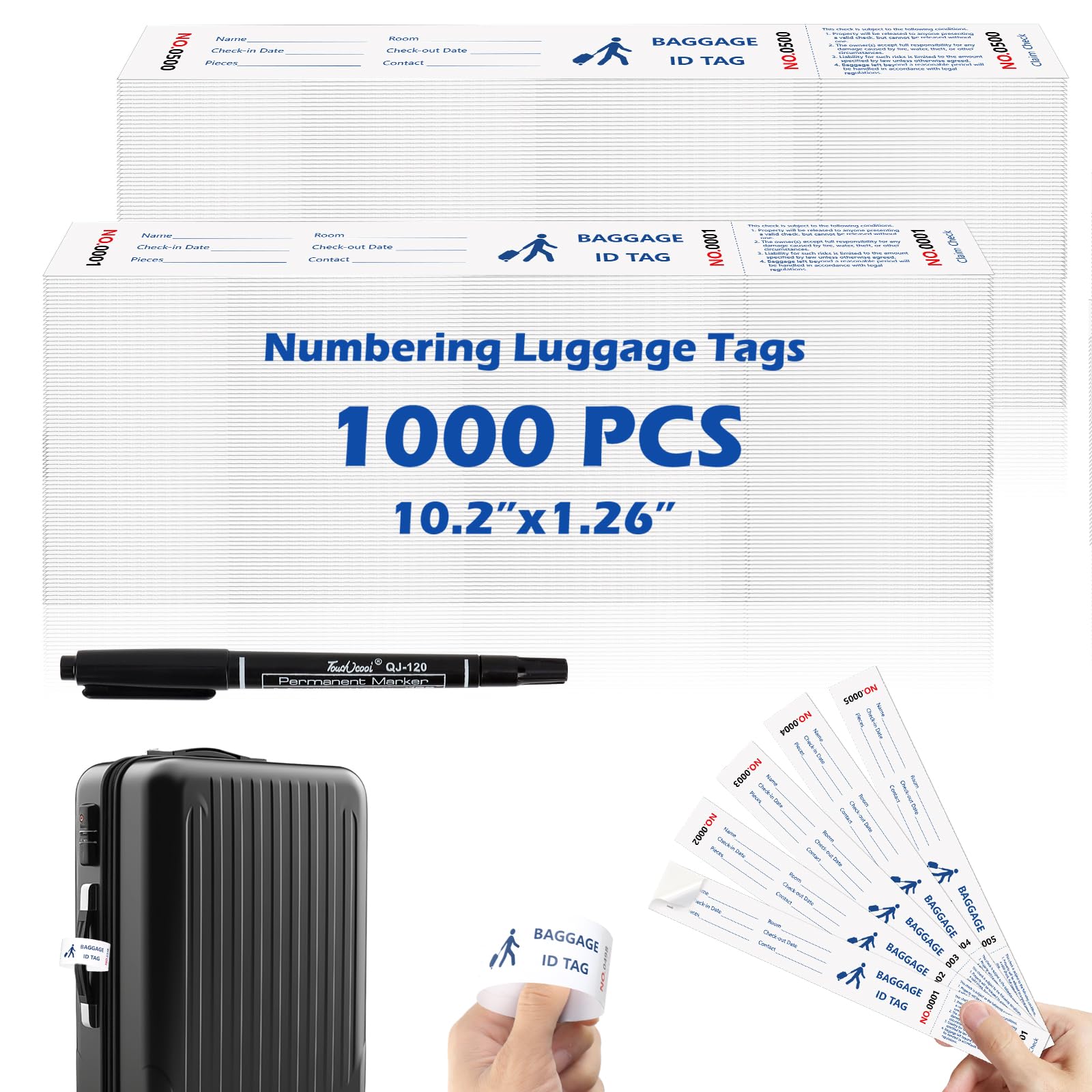 1000 Tags Paper Luggage Tags for Hotels Baggage Claim Check Tags with Transfer Tape Serial Numbering Paper Luggage Tags Hotel Luggage Claim Tag Claim