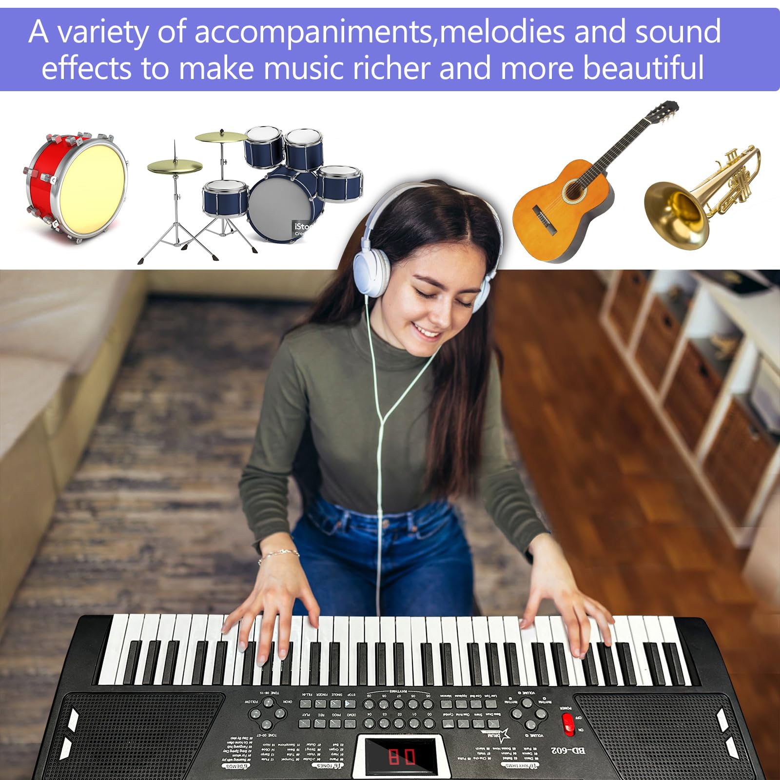 61 key piano keyboard，keyboards piano with Built-In Speaker Microphone, Sheet Music Stand and Power Supply, Portable Electronic Keyboard Piano for Beginners