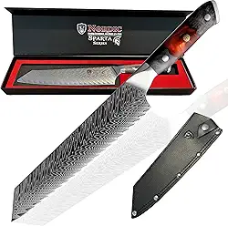 Nordic Faca de chef Damasco Kiritsuke da série Sparta Pro, aço japonês VG10, aço damasco, cabo de resina e madeira de bordo e bainha de couro (faca Kiritsuke)